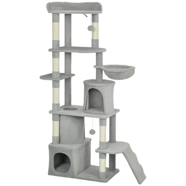 Cat Tree with 2 Houses, Hammock, Tunnel, and Bed, Sisal Poles, 60x40x170 cm, Grey