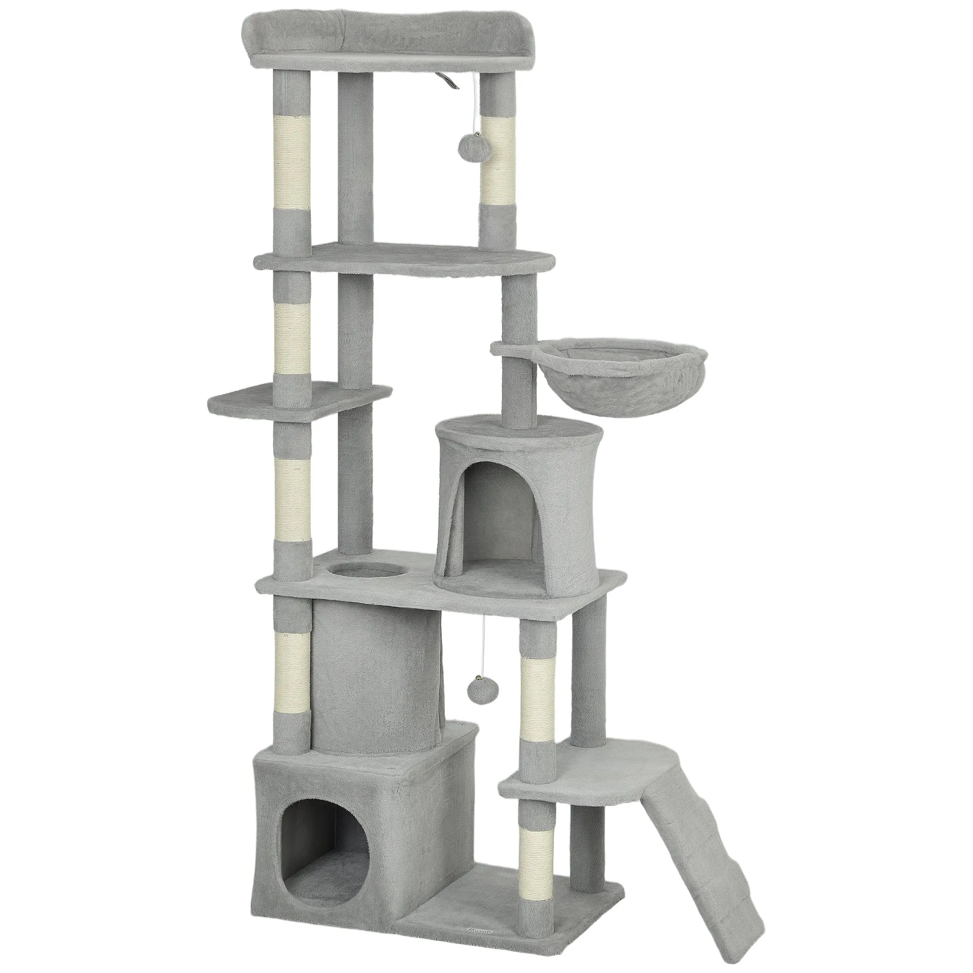 Cat Tree with 2 Houses, Hammock, Tunnel, and Bed, Sisal Poles, 60x40x170 cm, Grey