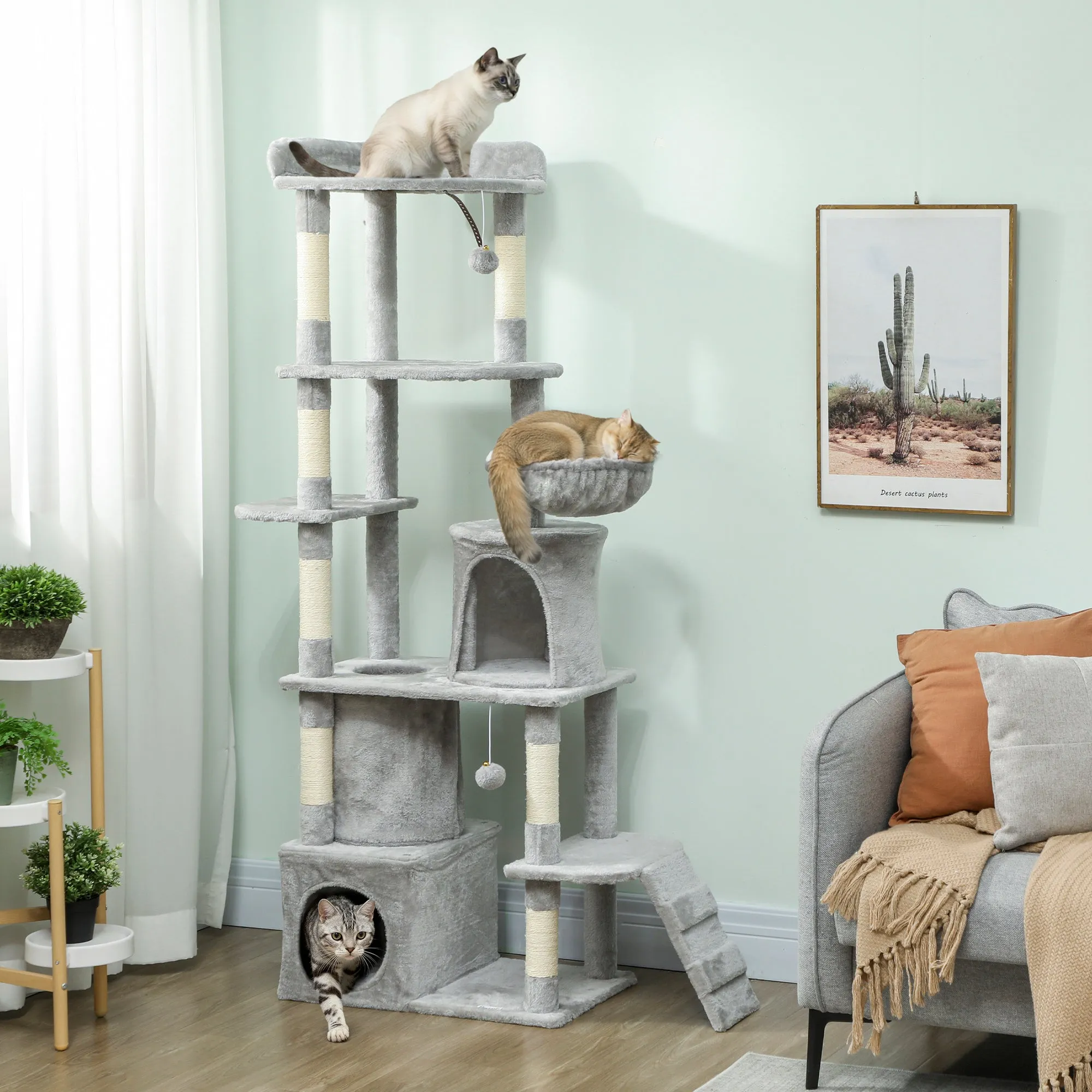 Cat Tree with 2 Houses, Hammock, Tunnel, and Bed, Sisal Poles, 60x40x170 cm, Grey - Image 2