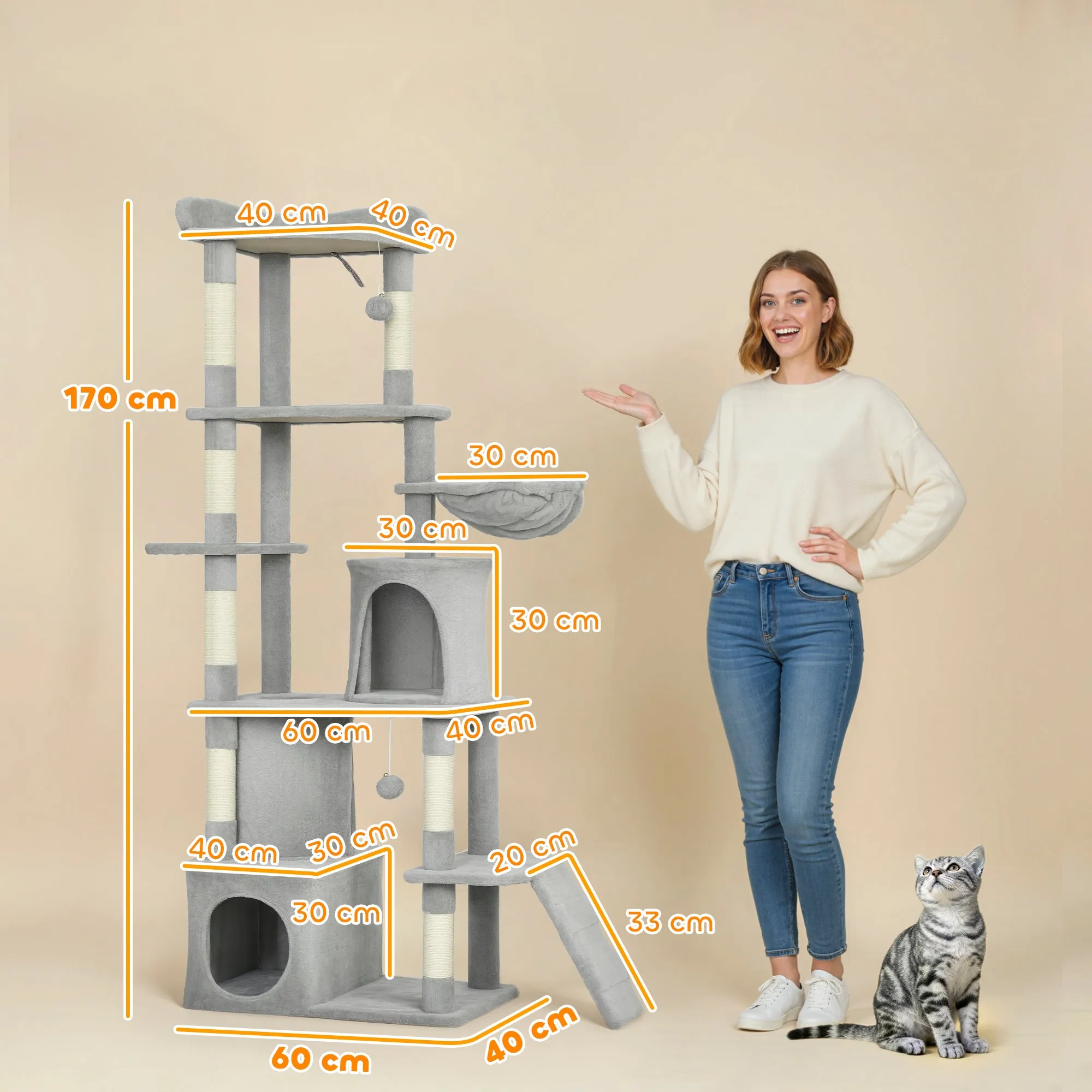 Cat Tree with 2 Houses, Hammock, Tunnel, and Bed, Sisal Poles, 60x40x170 cm, Grey - Image 3