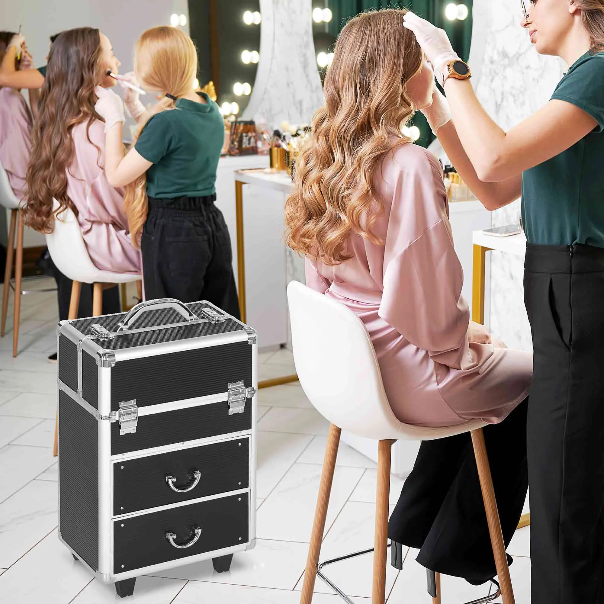 Professional Makeup Trolley Case, Lock with 2 Keys and Wheels, Black 36x23x52cm - Image 2