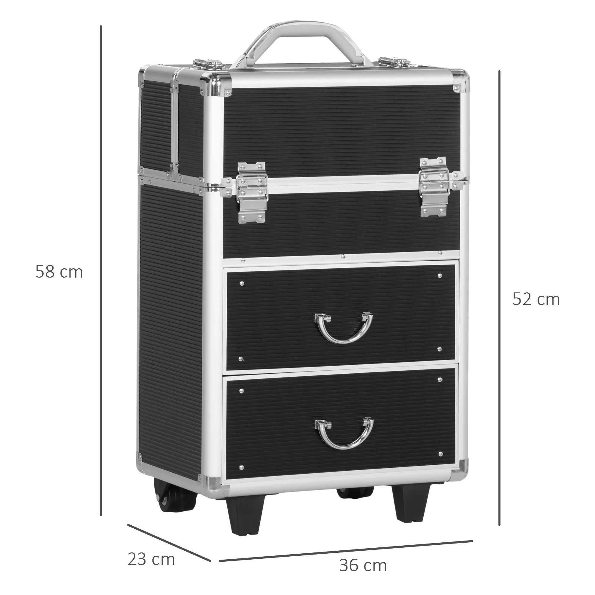 Professional Makeup Trolley Case, Lock with 2 Keys and Wheels, Black 36x23x52cm - Image 3