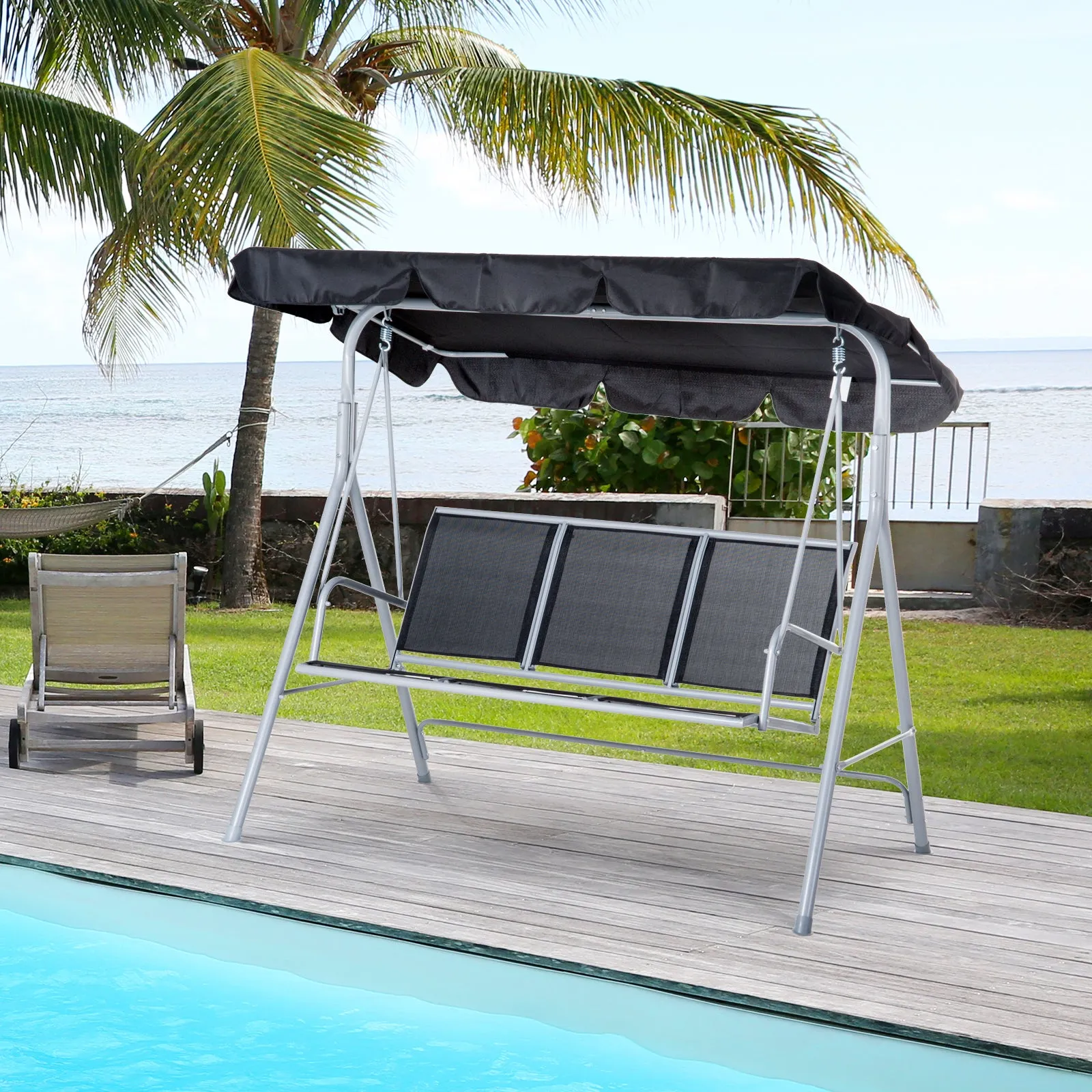 Outsunny 3-Seater Metal Garden Swing, Removable and Washable Sun Canopy, Black and Silver, 171x108x150cm - Image 2