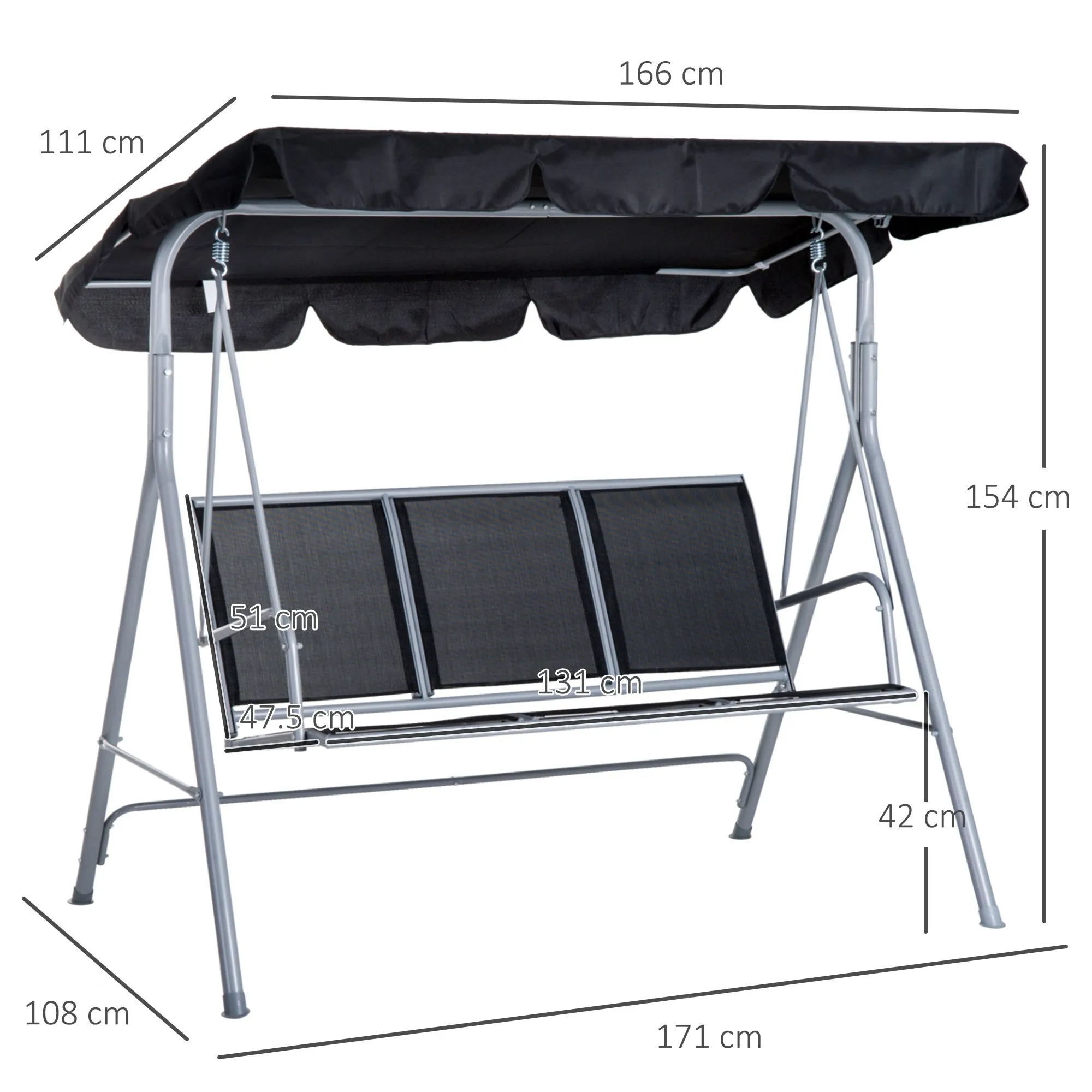 Outsunny 3-Seater Metal Garden Swing, Removable and Washable Sun Canopy, Black and Silver, 171x108x150cm - Image 3