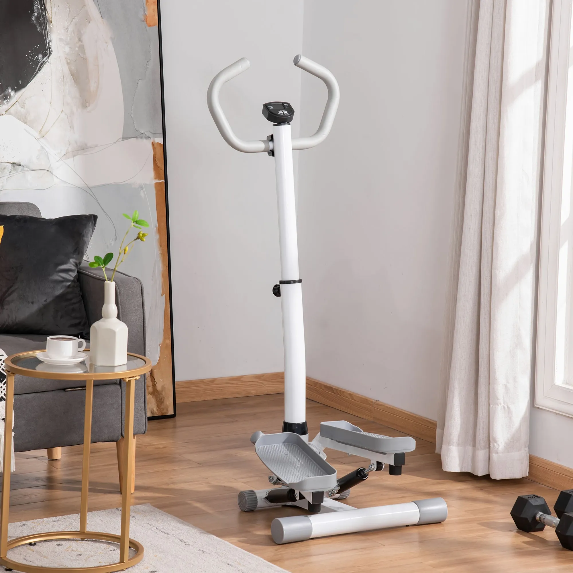 Stepper with LCD Monitor, Adjustable Handlebar and Elastic Bands, Made of Steel and ABS, White and Grey - Image 2
