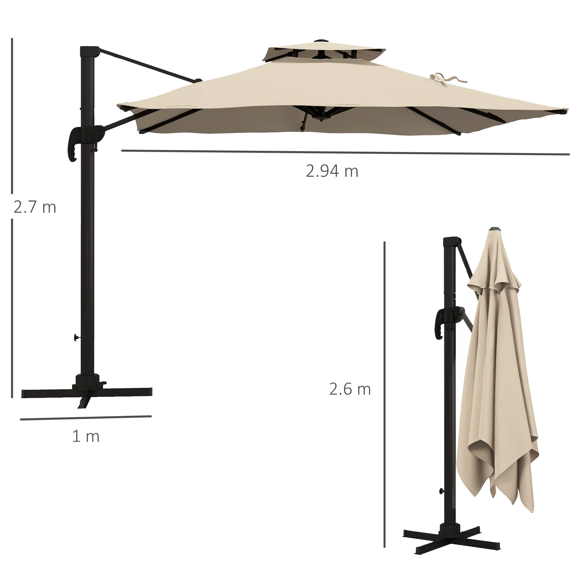 3x3 m 6-Position Tiltable Cantilever Umbrella in Aluminum and Polyester, Khaki - Image 3