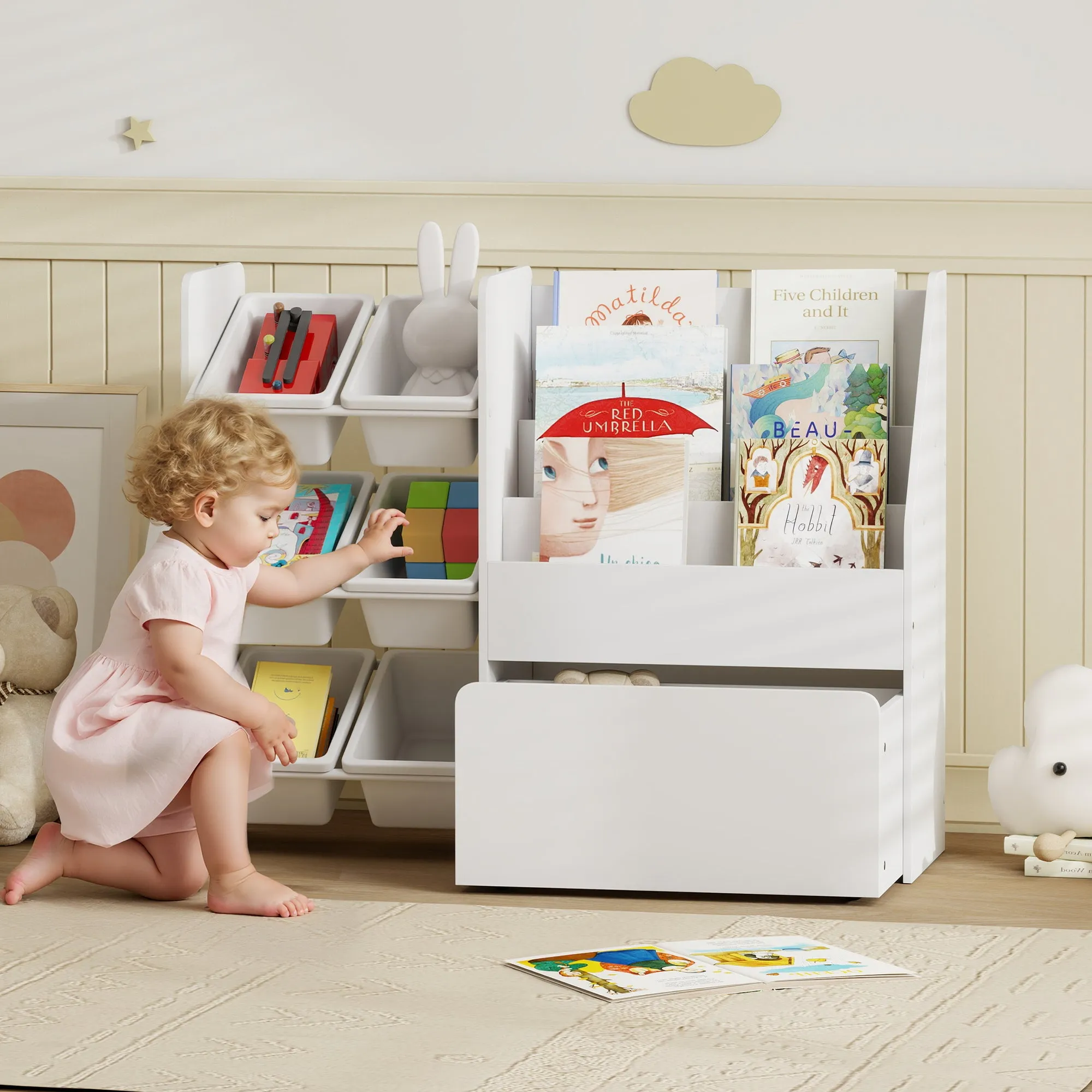 Toy Storage Shelf with 6 Baskets, 3 Shelves and Bottom Box, Made of Wood, Plastic and Steel, 100x30x80 cm, White - Image 2