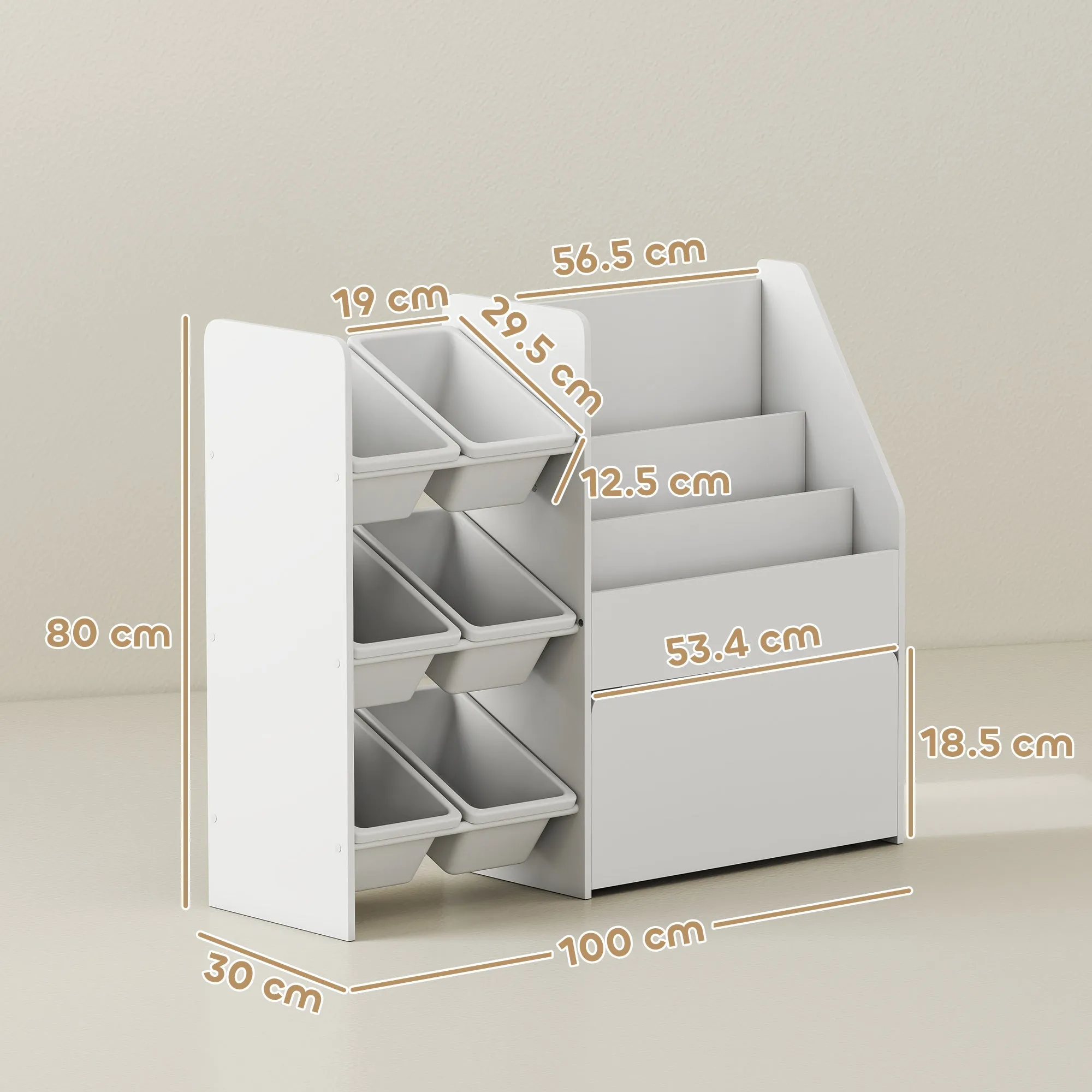 Toy Storage Shelf with 6 Baskets, 3 Shelves and Bottom Box, Made of Wood, Plastic and Steel, 100x30x80 cm, White - Image 3