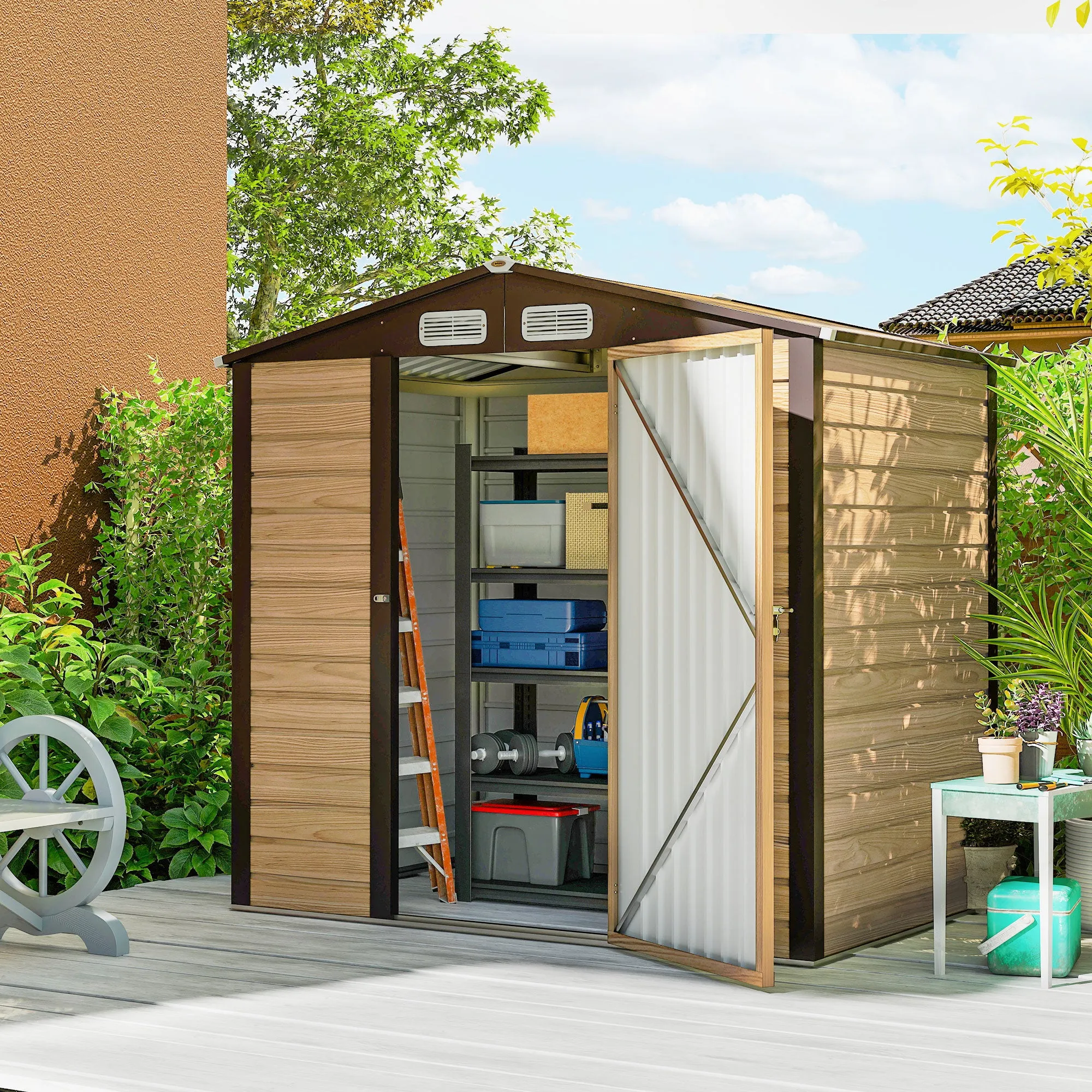 Steel Garden Shed with Vents and Latch, 1.9x1.3m, Oak Color - Image 2