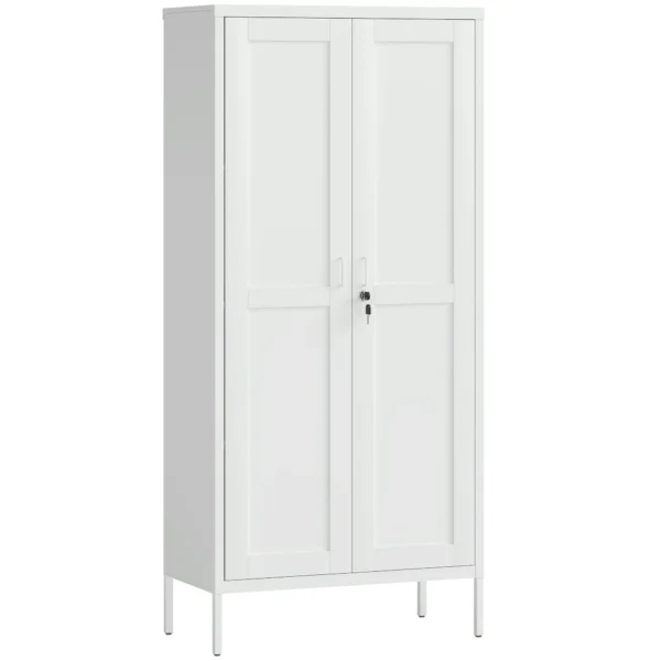 3-Tier Adjustable Steel Office Cabinet with Lock and 2 Keys, 80x40x175cm, White