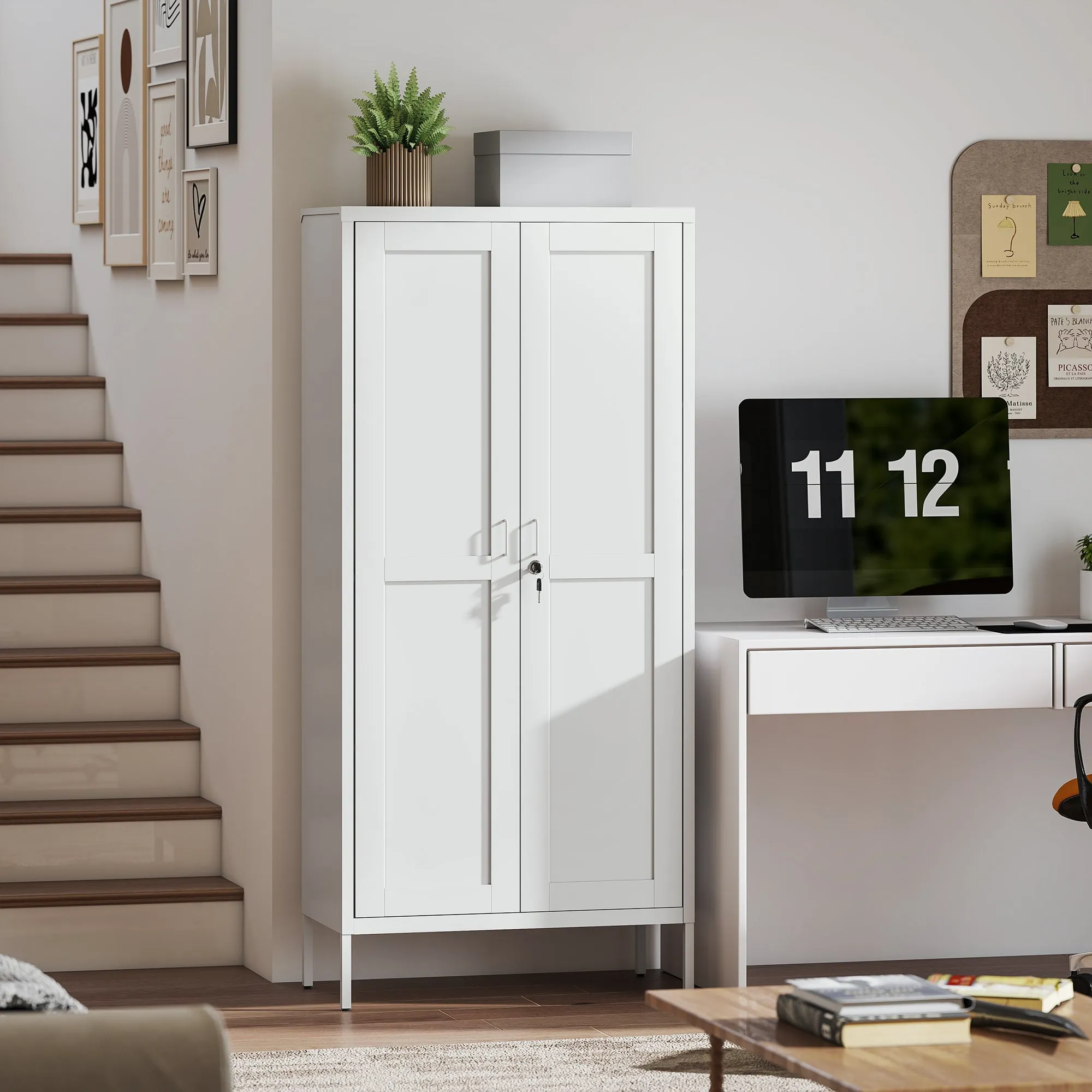 3-Tier Adjustable Steel Office Cabinet with Lock and 2 Keys, 80x40x175cm, White - Image 2