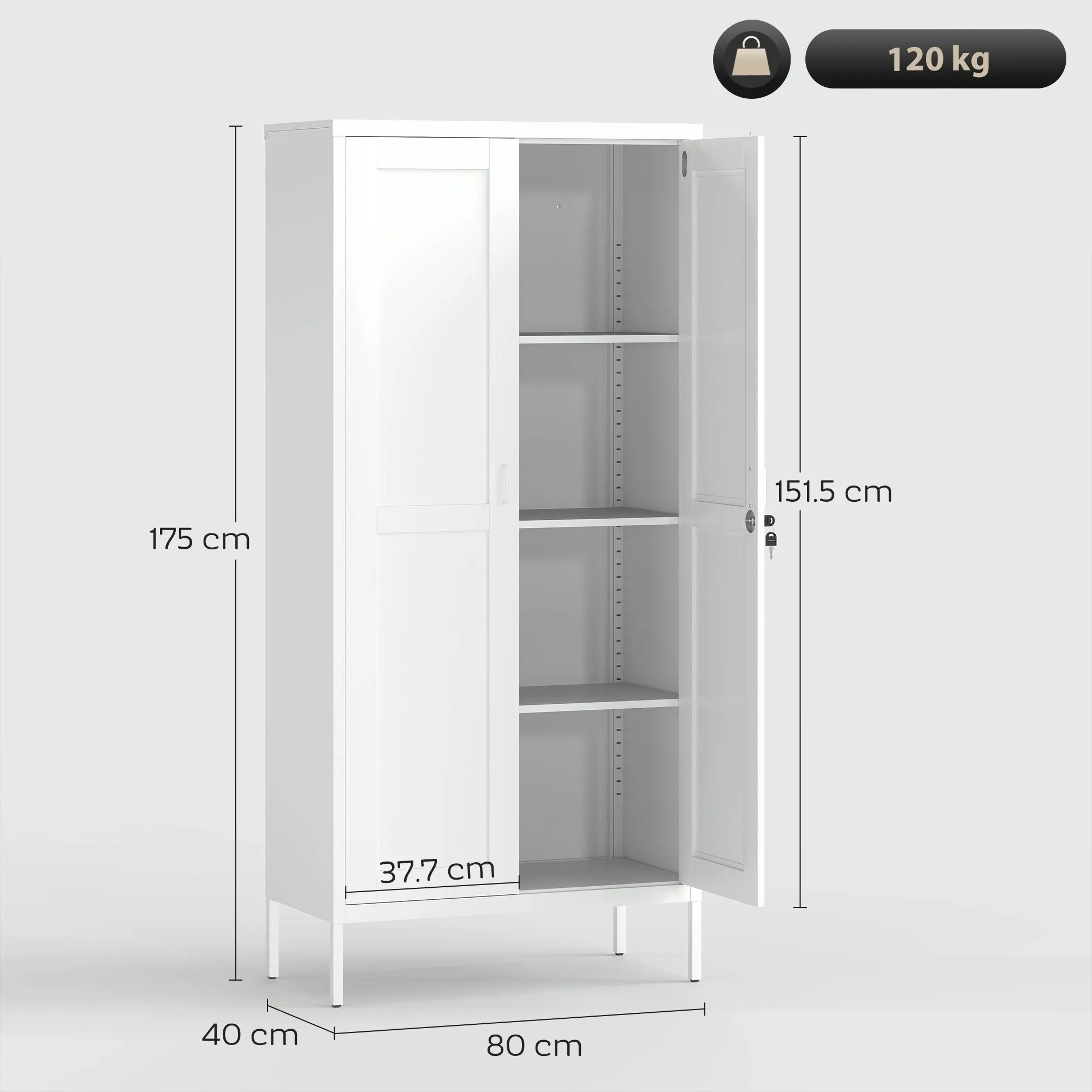 3-Tier Adjustable Steel Office Cabinet with Lock and 2 Keys, 80x40x175cm, White - Image 3