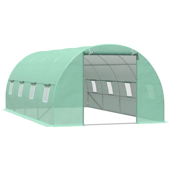 Outsunny Tunnel Greenhouse, Outdoor Vegetable Garden Greenhouse with Roll-Up Door and 8 Windows, 6x3x2 m, Steel and PE, Green