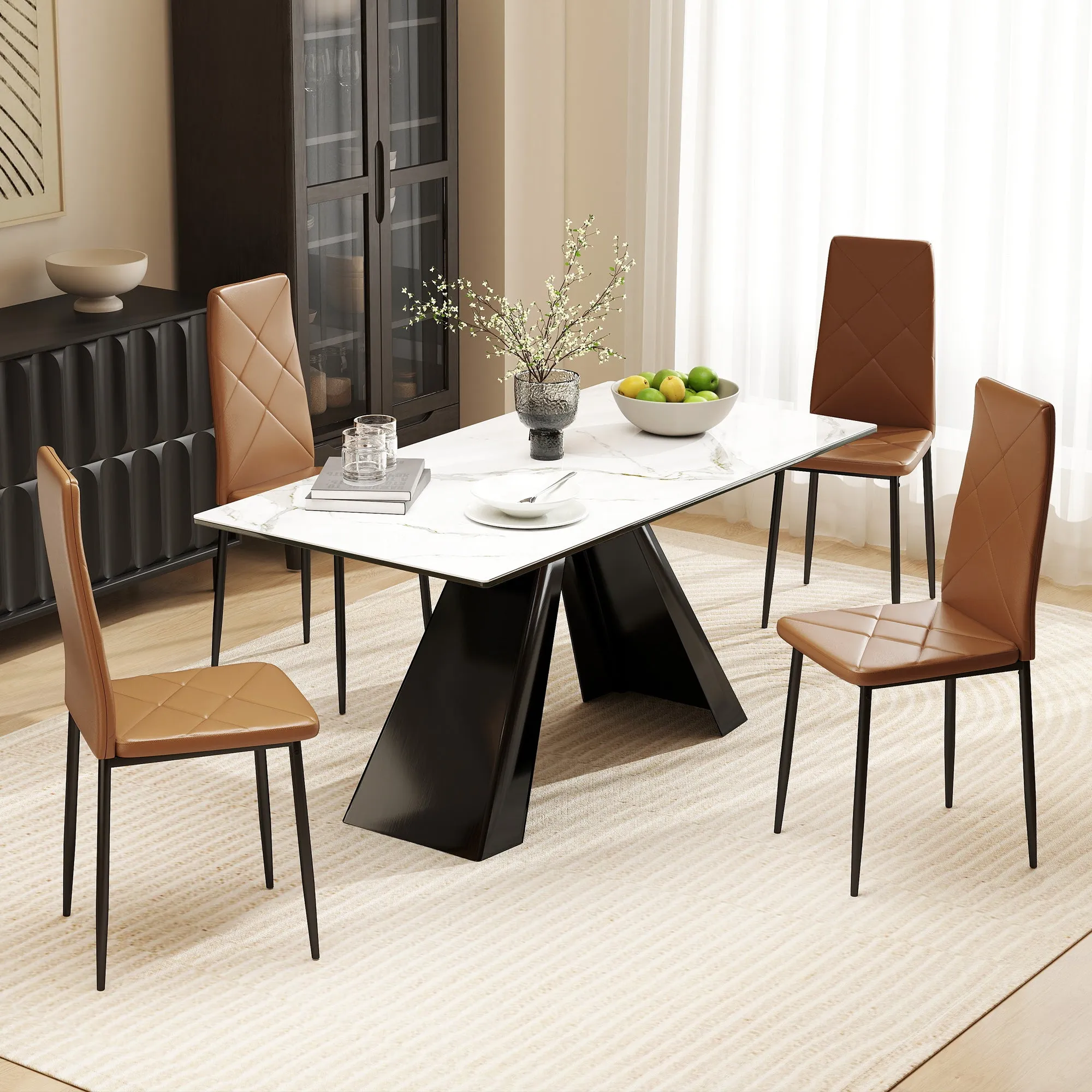 Set of 4 Modern High-Back Dining Chairs in Faux Leather and Steel, 41x50x97 cm, Brown - Image 2