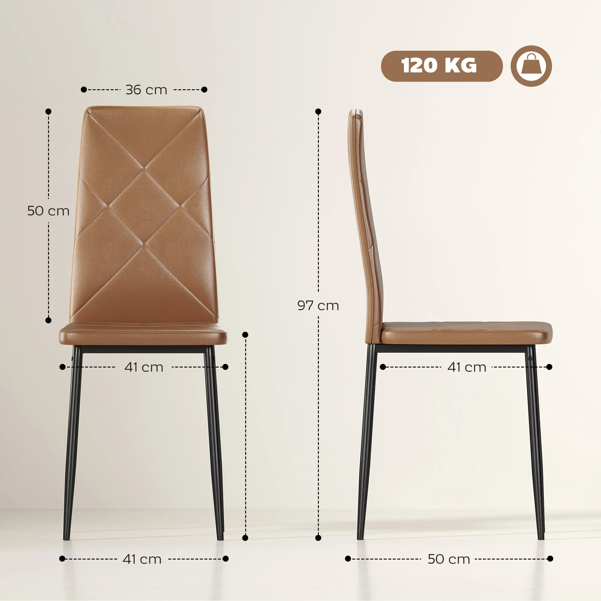 Set of 4 Modern High-Back Dining Chairs in Faux Leather and Steel, 41x50x97 cm, Brown - Image 3
