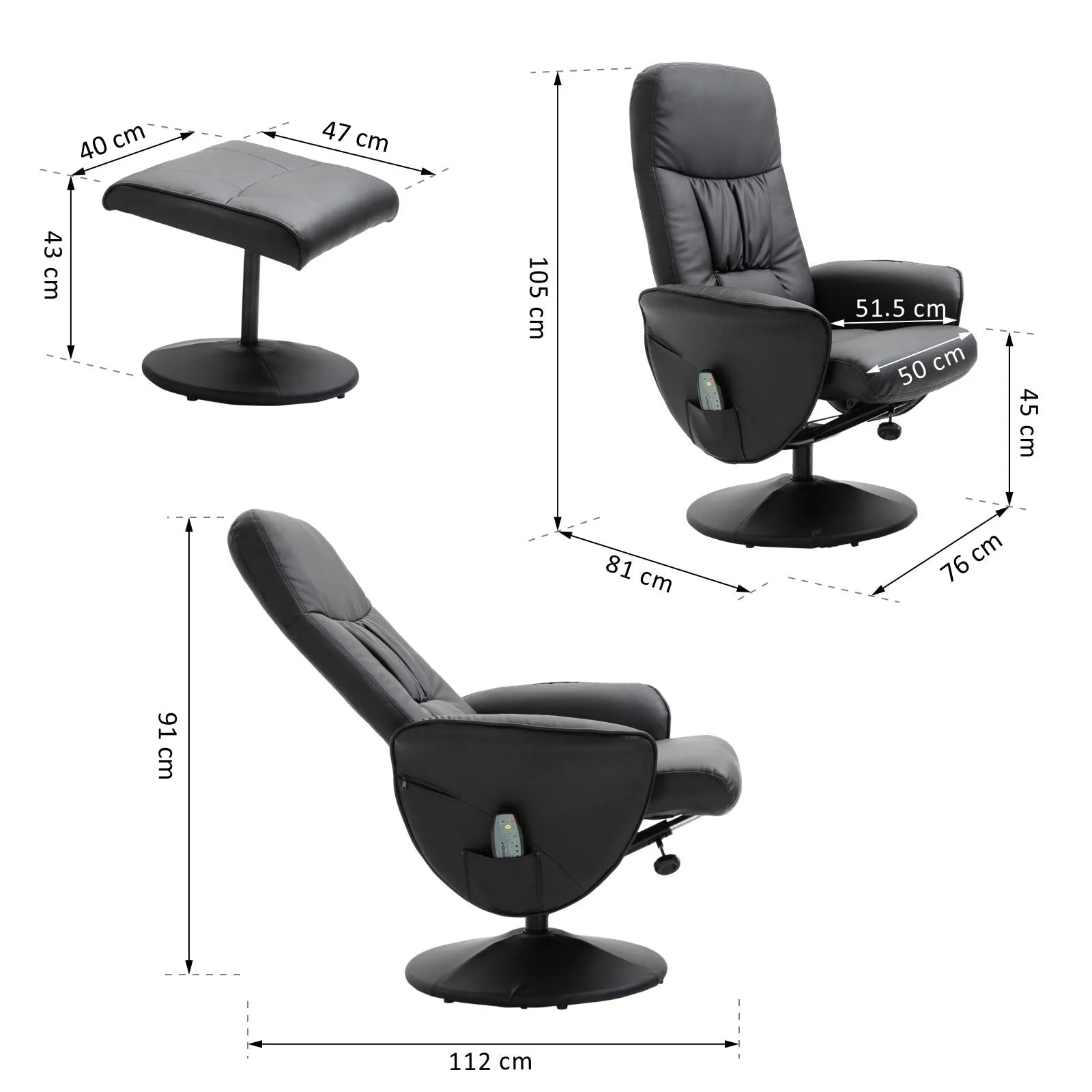 Massage Chair with Ottoman and Footrest, 145° Reclining, Swivel Seat and 10 Massage Points, Black - Image 3
