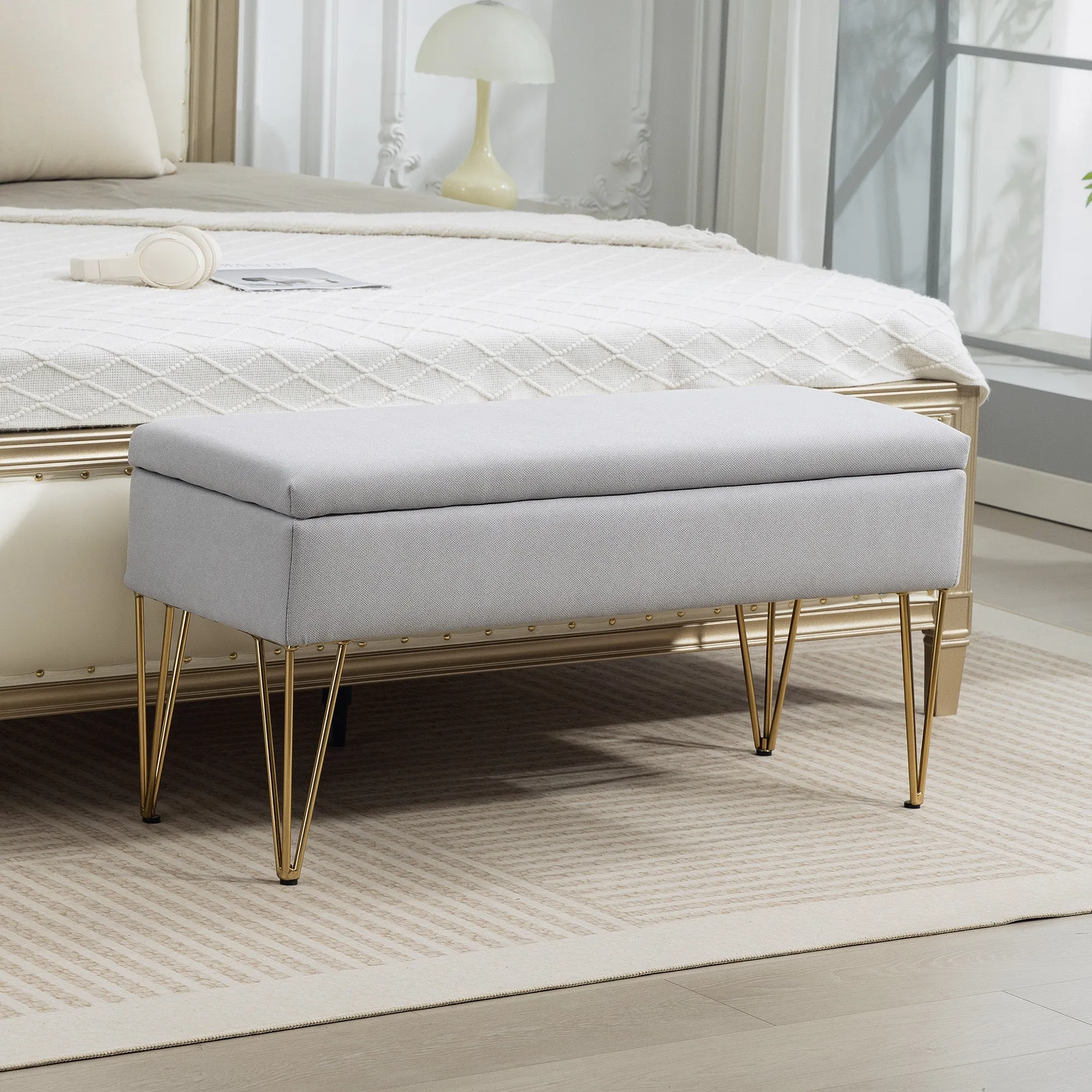 Bedside Bench with Fabric Storage and Steel Legs, 100x40x49 cm, Light Grey - Image 2