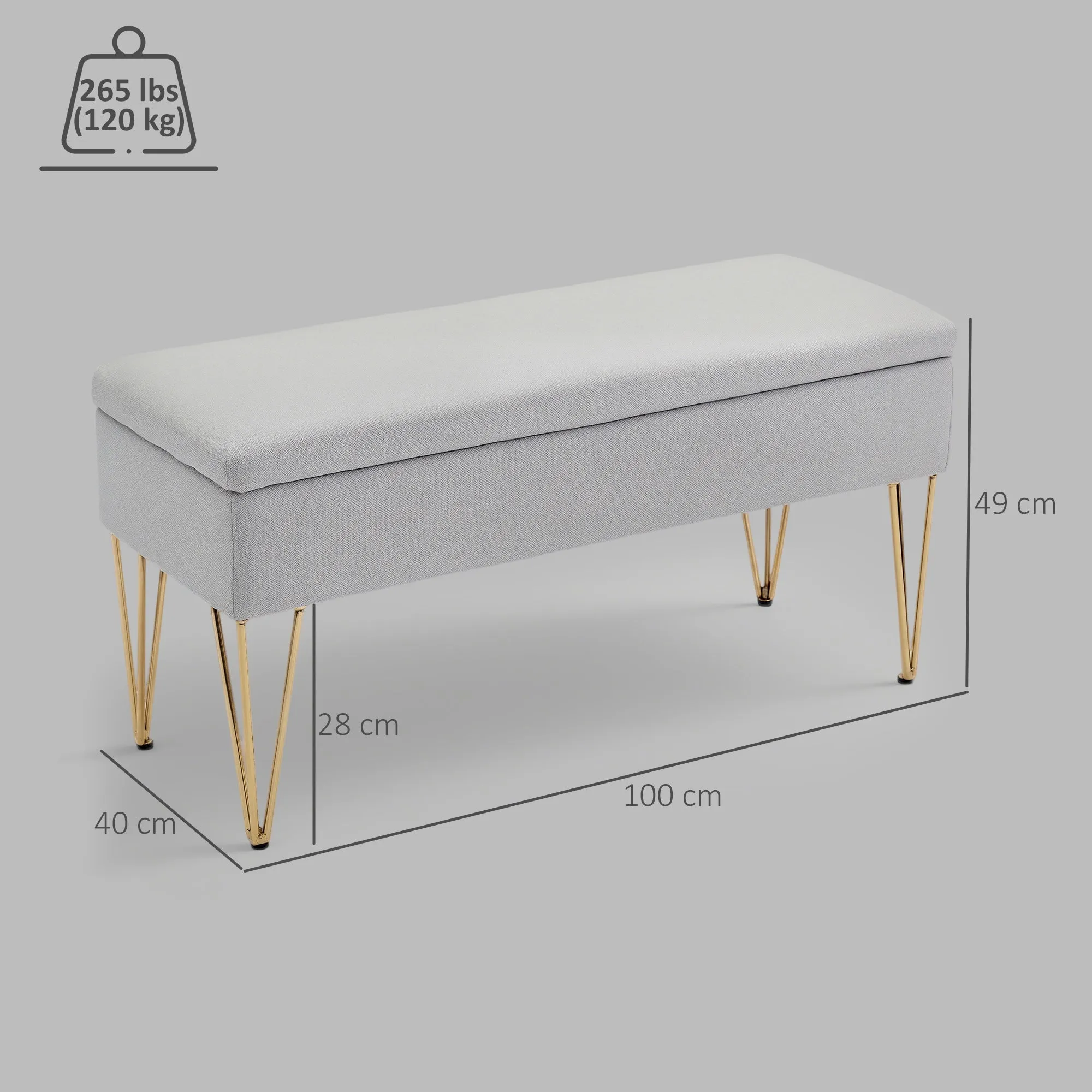 Bedside Bench with Fabric Storage and Steel Legs, 100x40x49 cm, Light Grey - Image 3