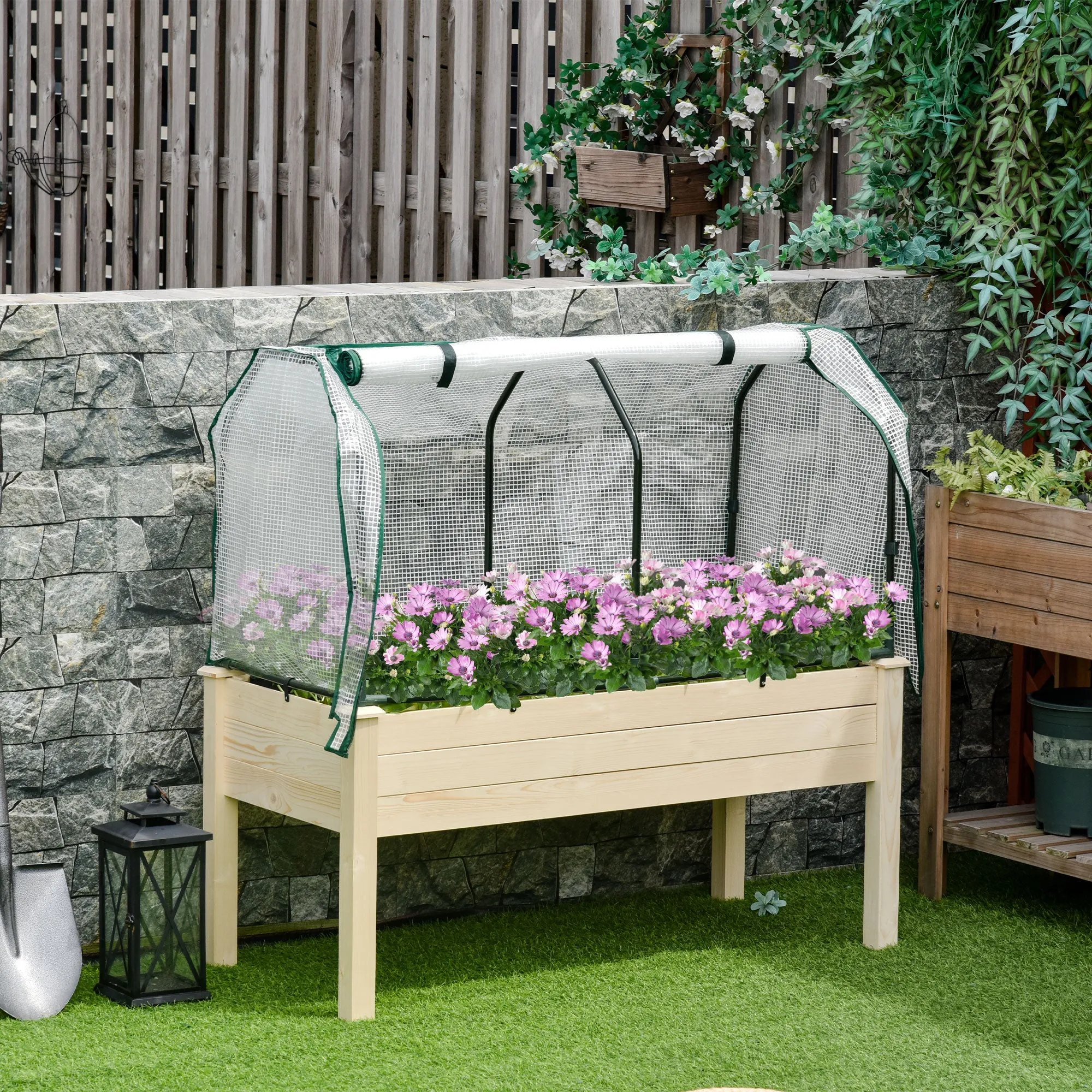 Vegetable Garden Bed with Greenhouse, Outdoor Plant Holder in Wood and PE for Flowers and Vegetables, 121x55x117cm - Image 2