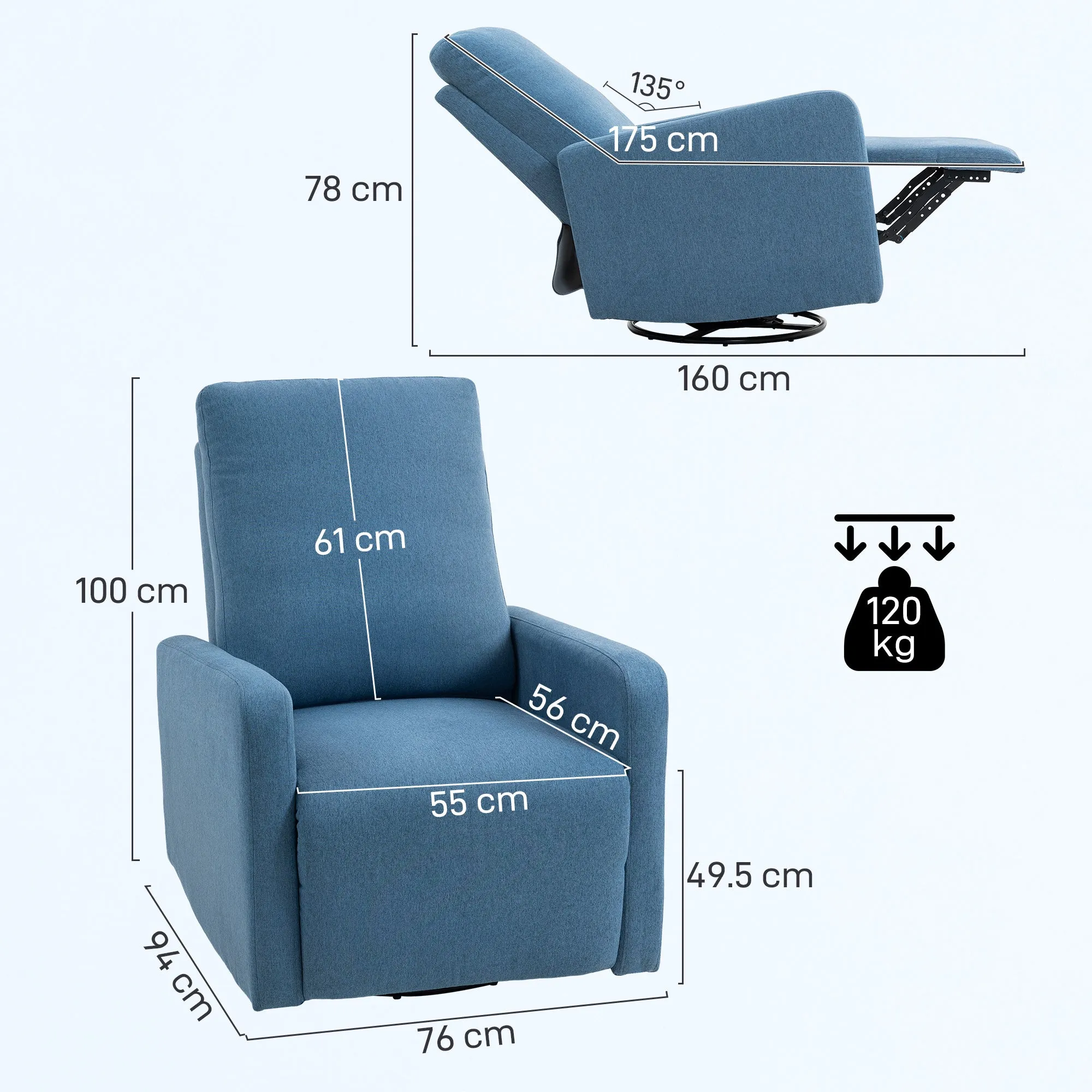 135° Manual Reclining Relaxing Chair, 360° Swivel with Rocking Function, Blue - Image 3