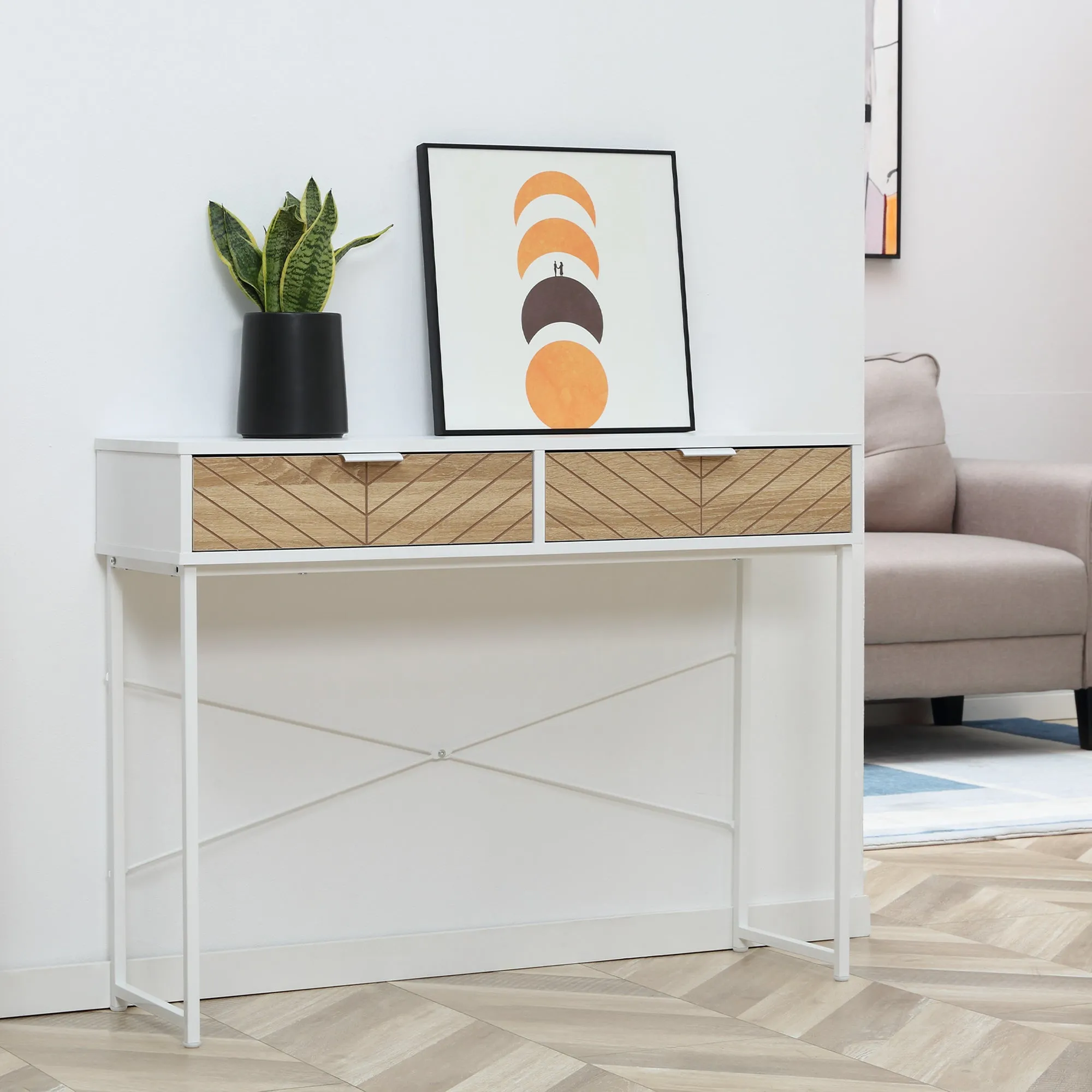 Modern Console Table for Entryway and Living Room with 2 Metal Drawers 100x30x75cm - White - Image 2