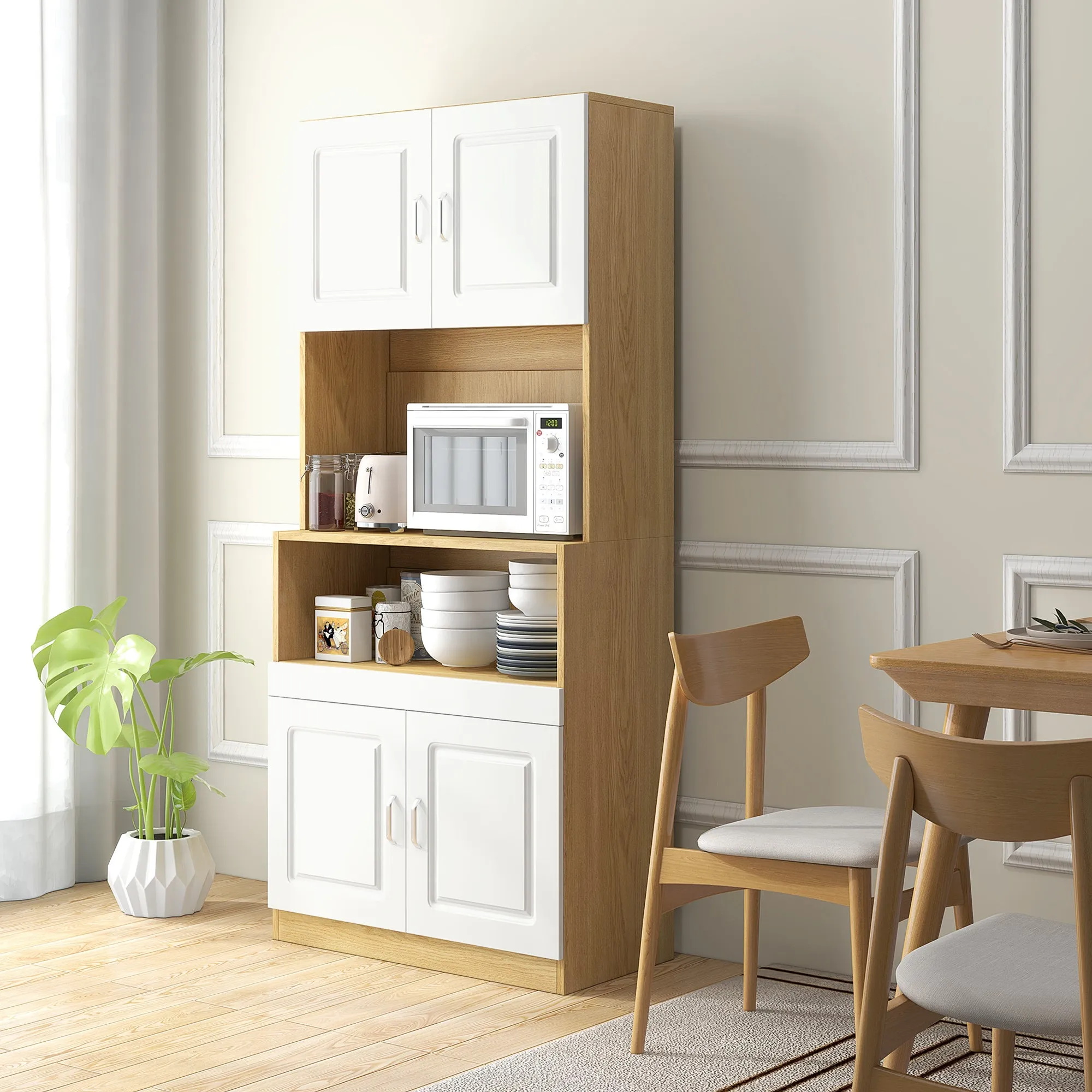 4-Door Chipboard Tall Pantry Cabinet with Cupboards and Open Shelf, 80x40x180 cm - Image 2