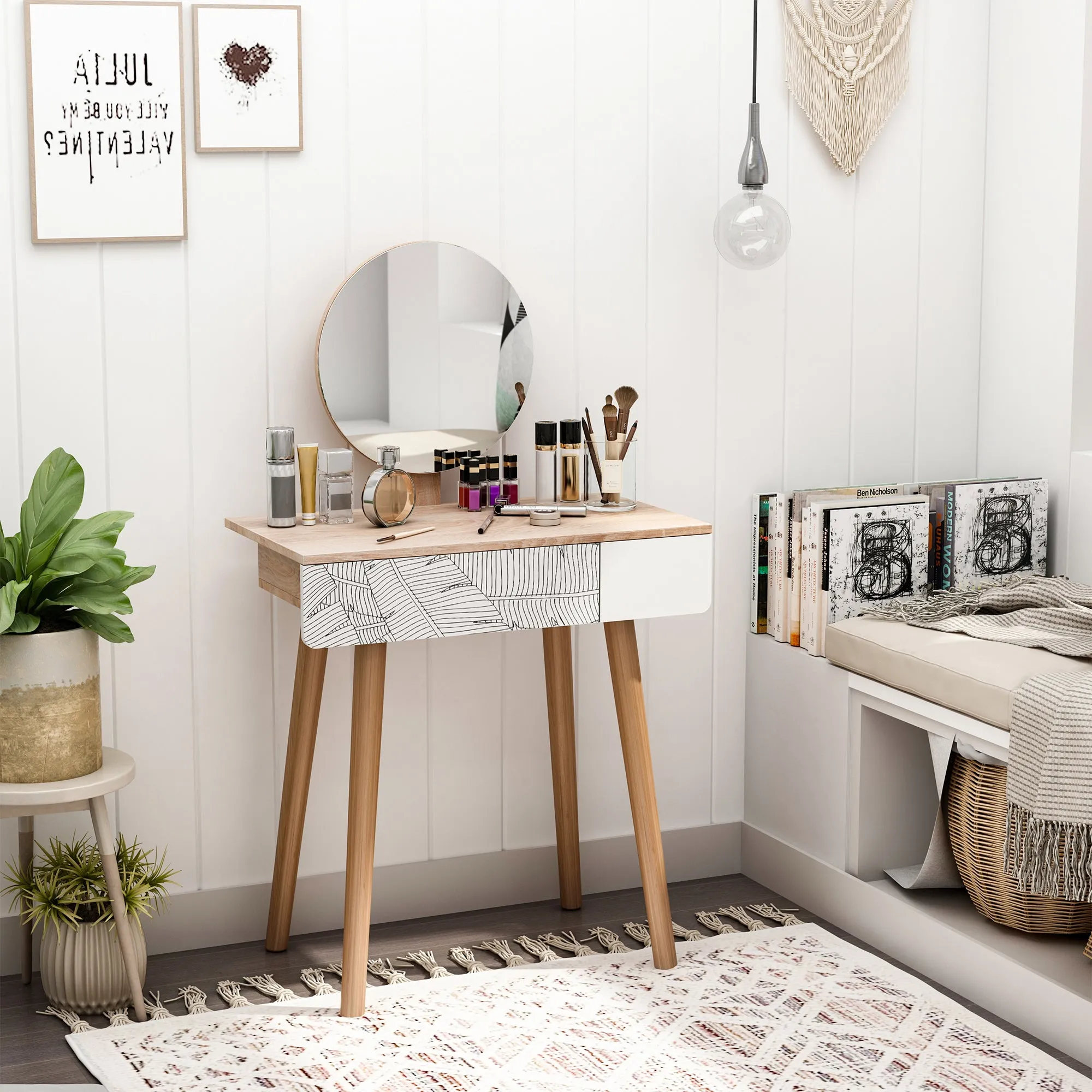 Dressing Table with Circular Mirror Ф39cm, Makeup Console with Drawer in Jungle Decor, White and Oak, 70x39x119-128cm - Image 2