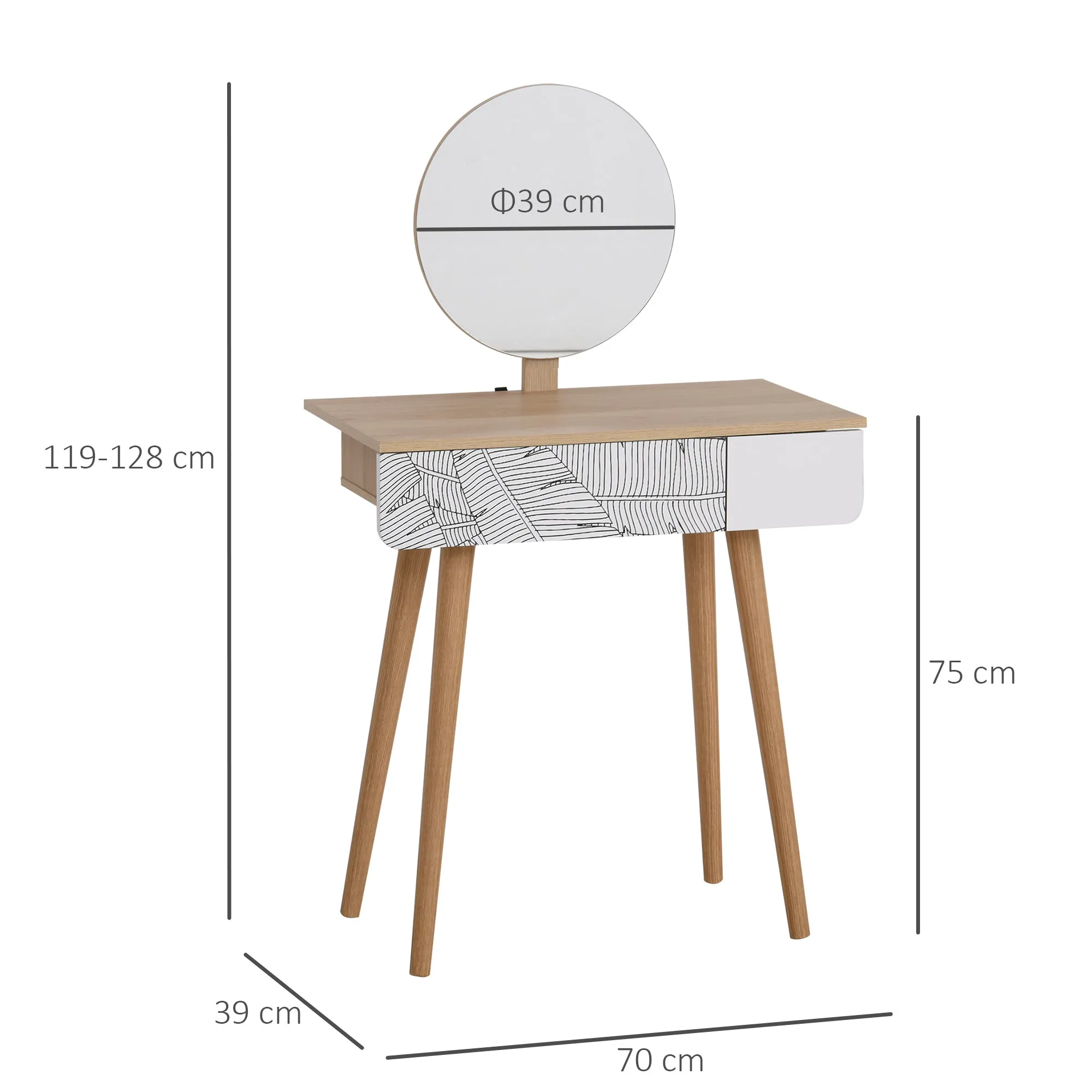 Dressing Table with Circular Mirror Ф39cm, Makeup Console with Drawer in Jungle Decor, White and Oak, 70x39x119-128cm - Image 3