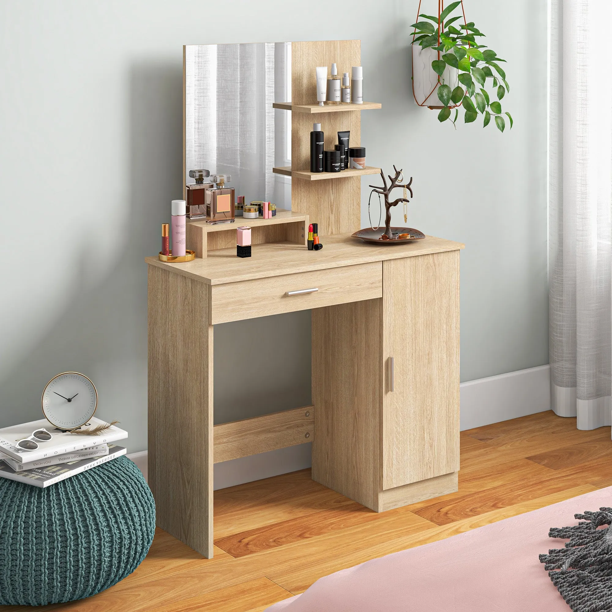 Dressing Table with Cabinet, Drawer, Makeup Mirror and Open Shelves, 90x38x138 cm, Maple - Image 2