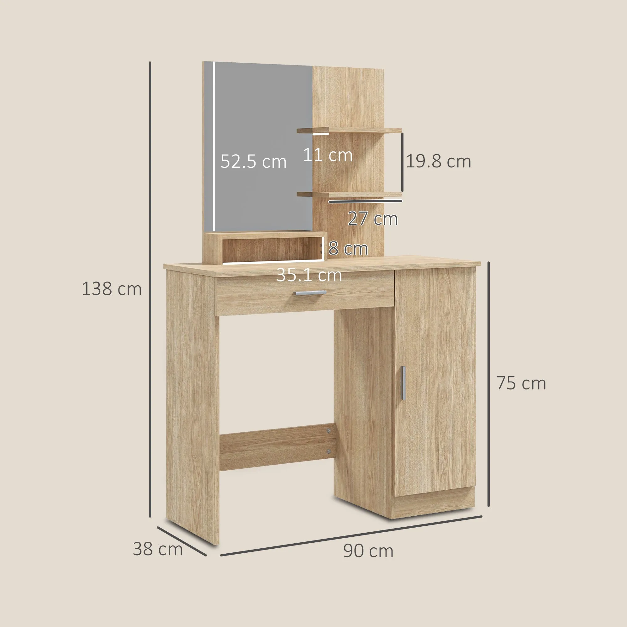 Dressing Table with Cabinet, Drawer, Makeup Mirror and Open Shelves, 90x38x138 cm, Maple - Image 3