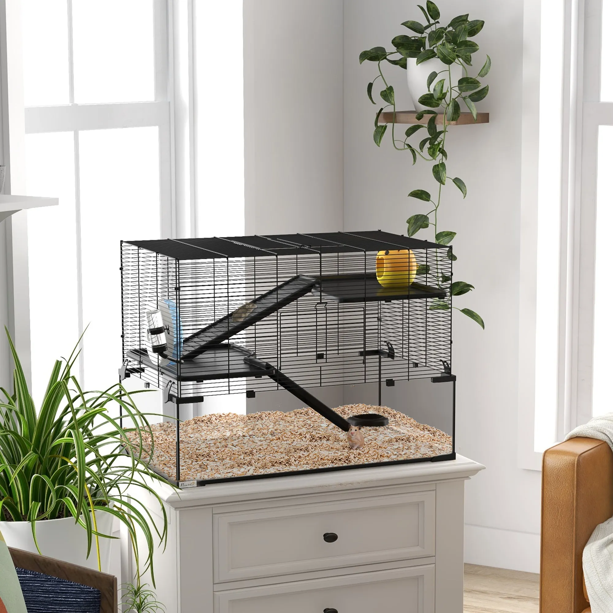 3-Tier Hamster Cage with Tempered Glass Base, Wheel and Accessories, 76.5 x 48.5 x 54.5 cm, Black - Image 2