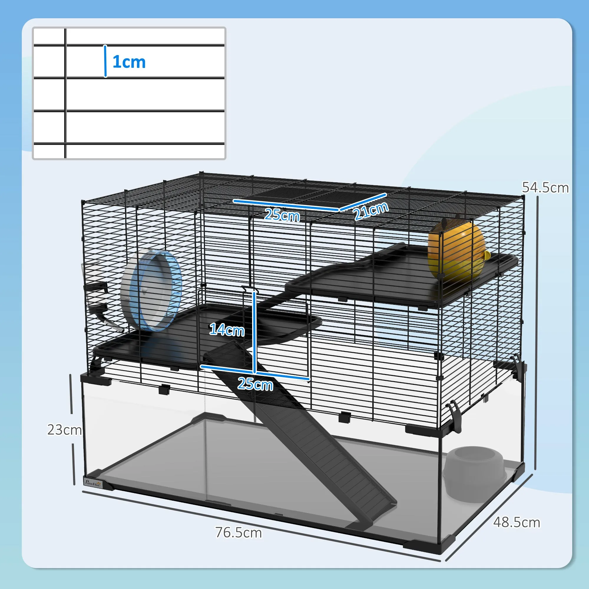 3-Tier Hamster Cage with Tempered Glass Base, Wheel and Accessories, 76.5 x 48.5 x 54.5 cm, Black - Image 3
