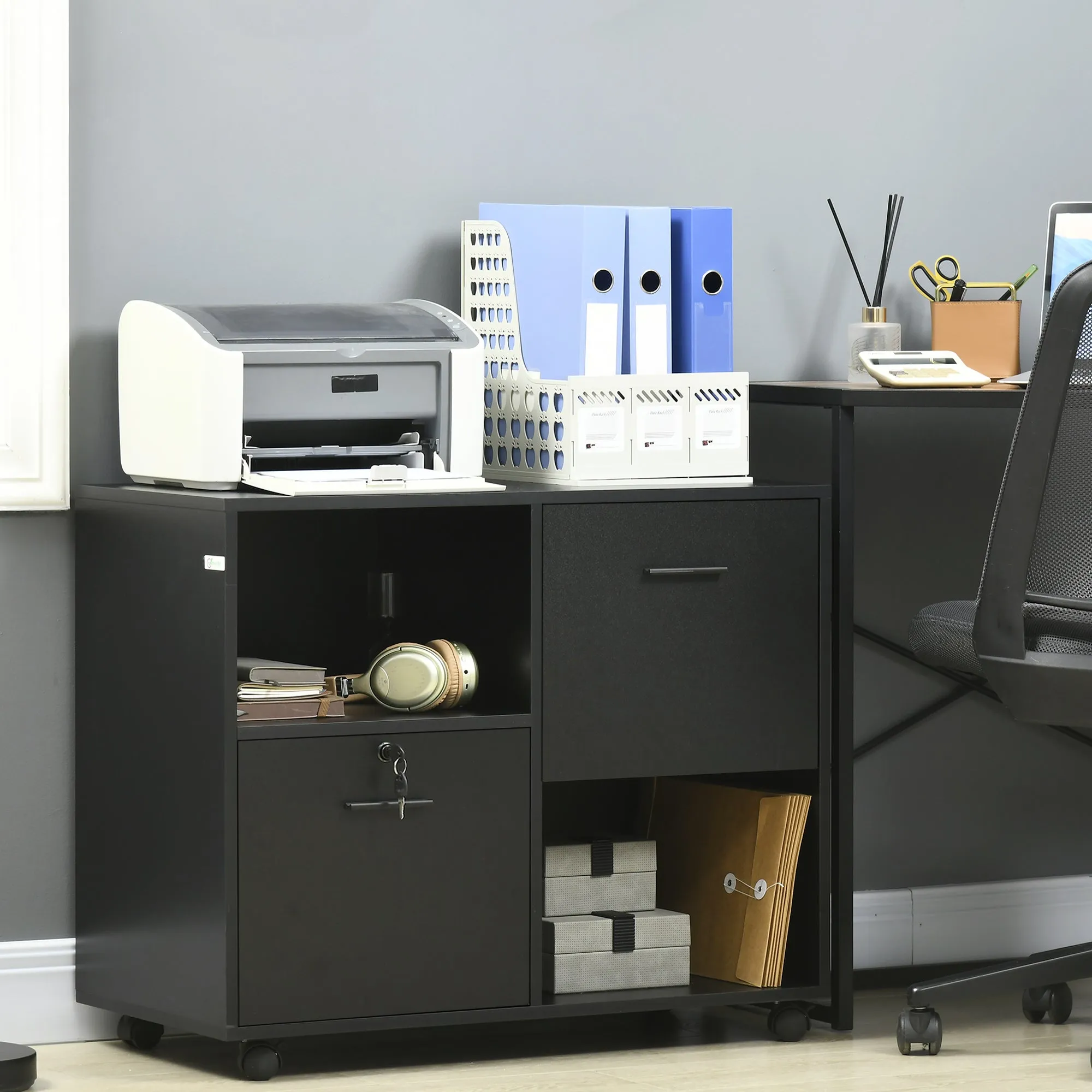 Mobile Office Cabinet with 2 Drawers for Documents and Shelves, Lockable Wheels, 80x40x66cm, Black - Image 2