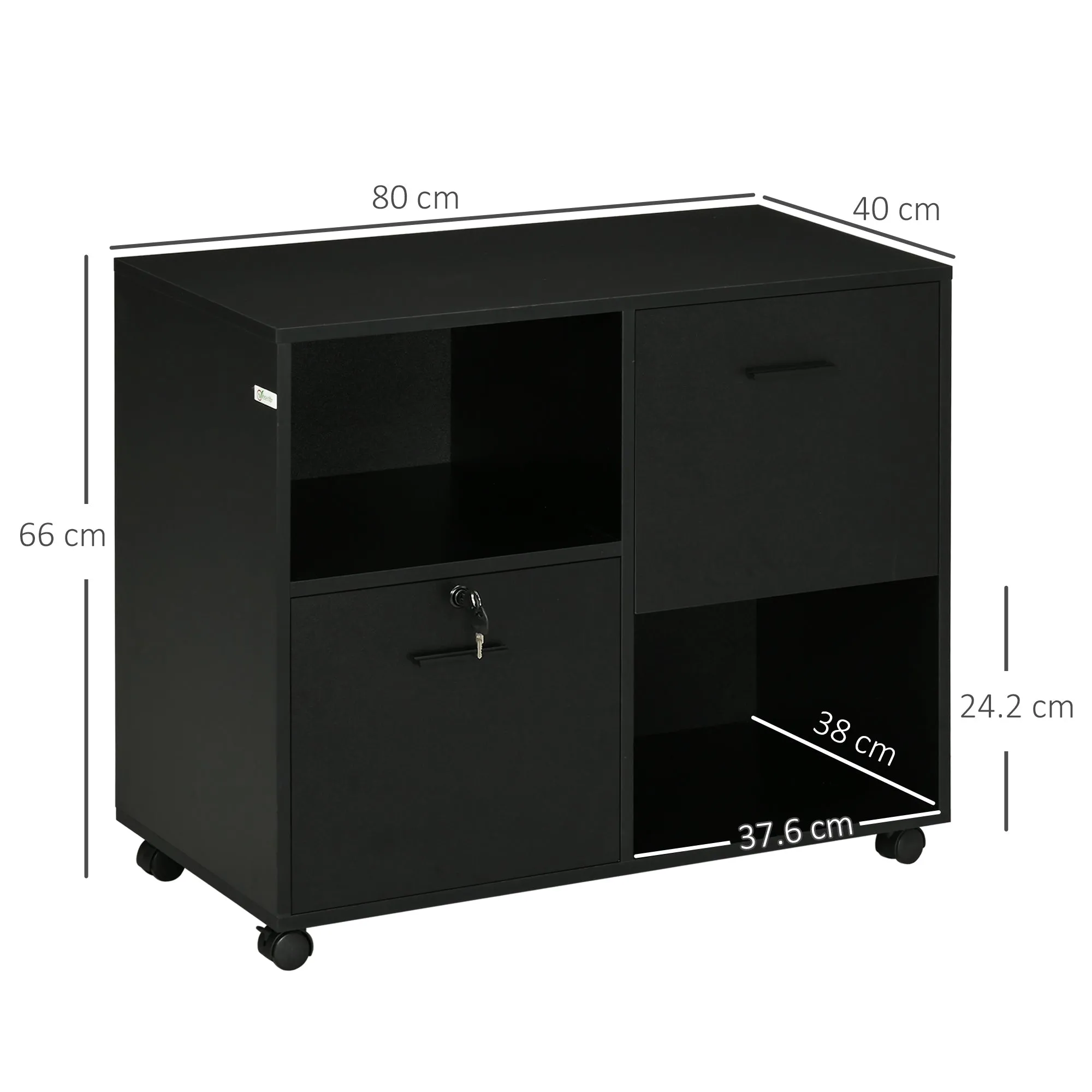 Mobile Office Cabinet with 2 Drawers for Documents and Shelves, Lockable Wheels, 80x40x66cm, Black - Image 3
