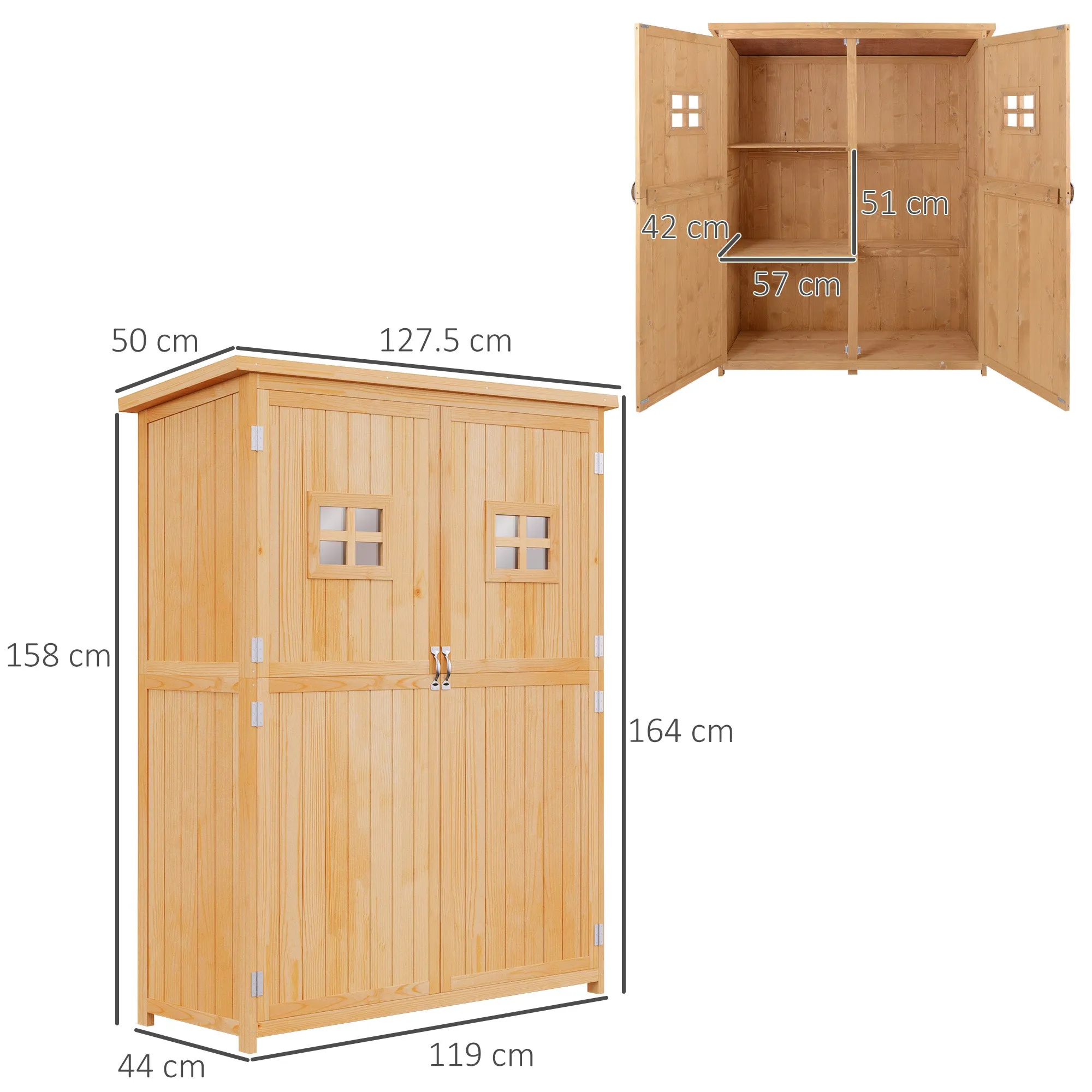Wooden Garden Shed with Double Door, Shelves and Windows, 127.5x50x164cm - Image 3