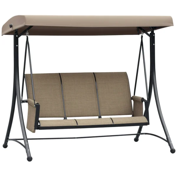 3-Seater Garden Swing with Adjustable Canopy and Storage Pockets, Brown, 196 x 128 x 172 cm
