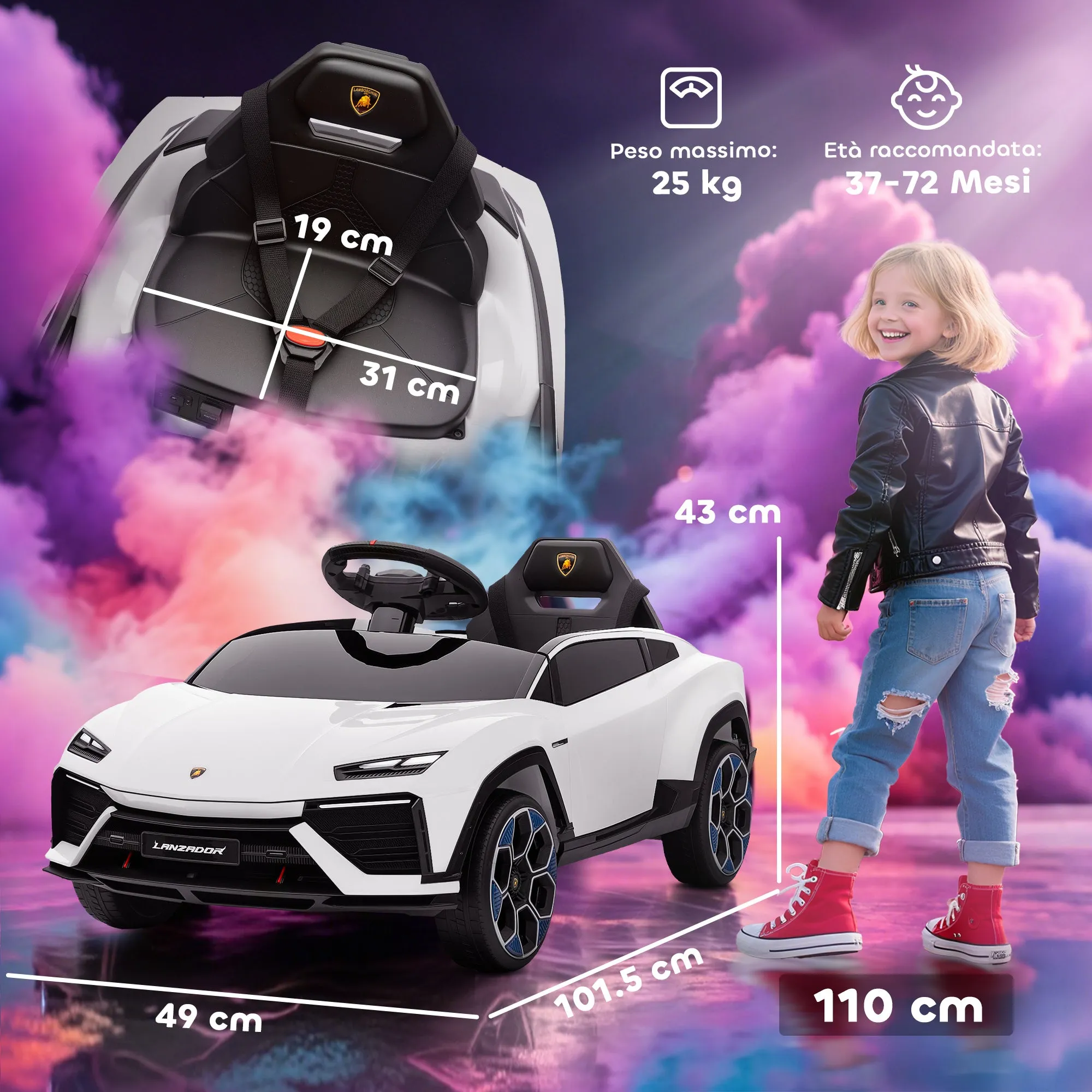 Lamborghini Licensed Electric Ride-On Car for Kids with Horn and Remote Control, 3-Speed Adjustable, White - Image 3
