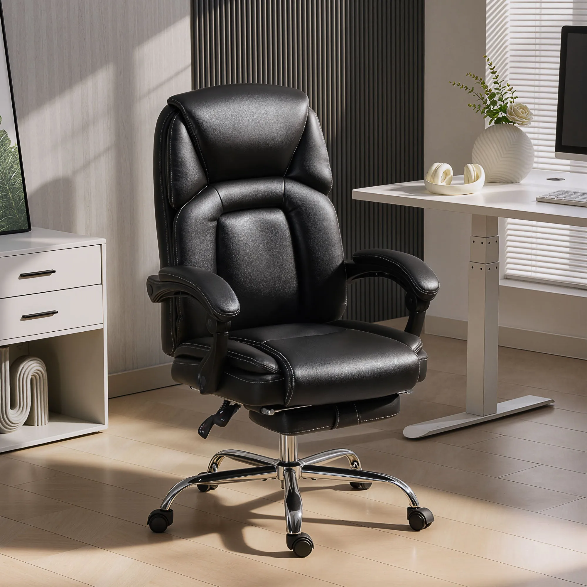 Reclining Office Chair with Pull-Out Footrest, PU Leather, 120 kg Capacity, Black - Image 2