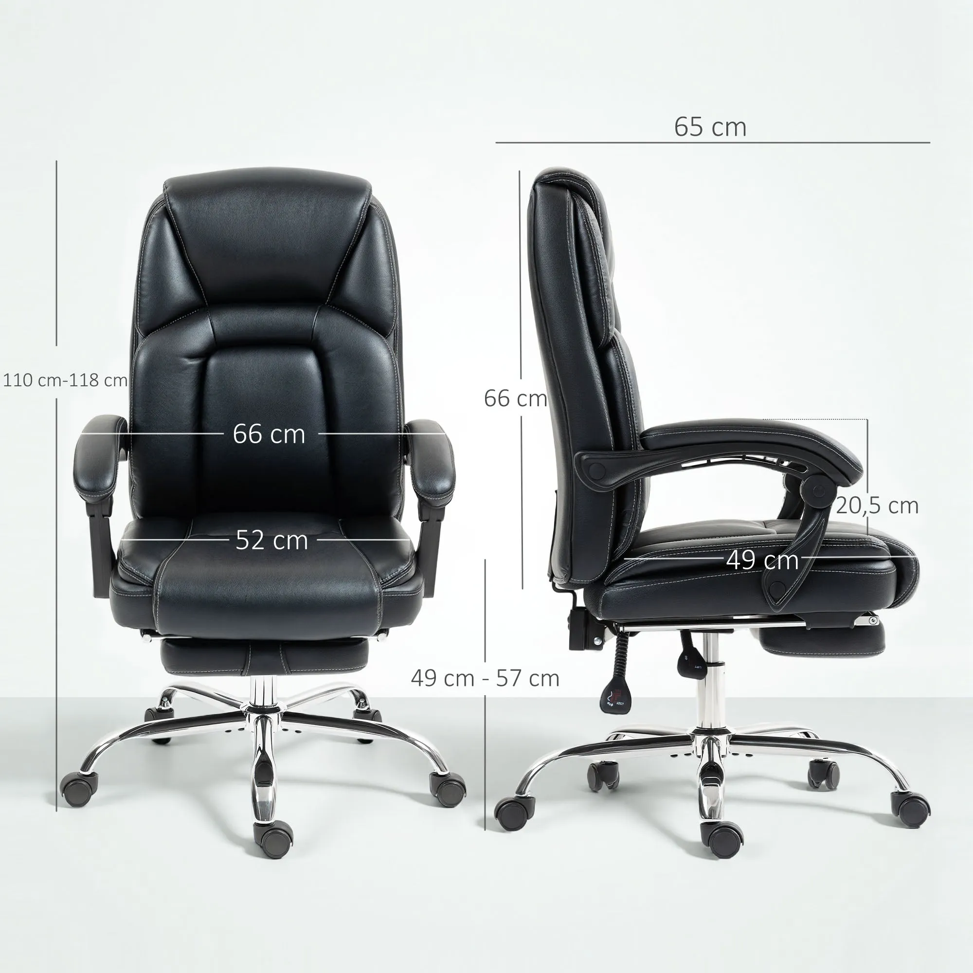 Reclining Office Chair with Pull-Out Footrest, PU Leather, 120 kg Capacity, Black - Image 3