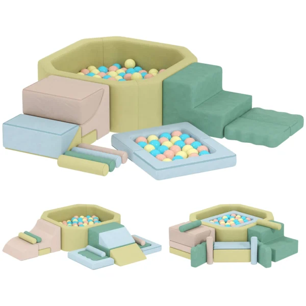 15-Piece Set of Soft Modular Building Blocks for Children with 200 Balls for Indoor Use, Multicolored