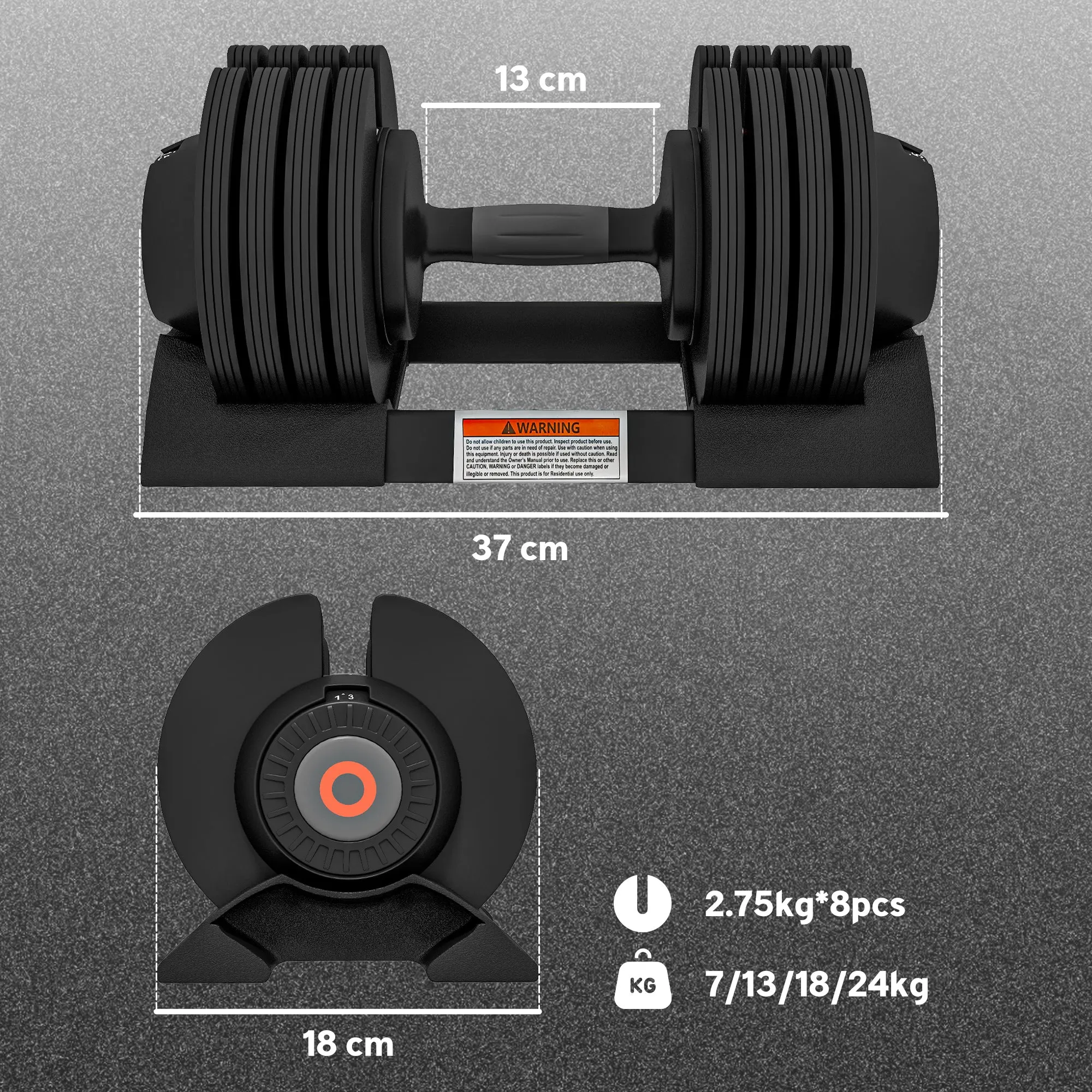 Adjustable Weight Kit 7/13/18/24 kg with Dumbbell Rack and Non-Slip Handle, 37x18x18 cm, Black - Image 3