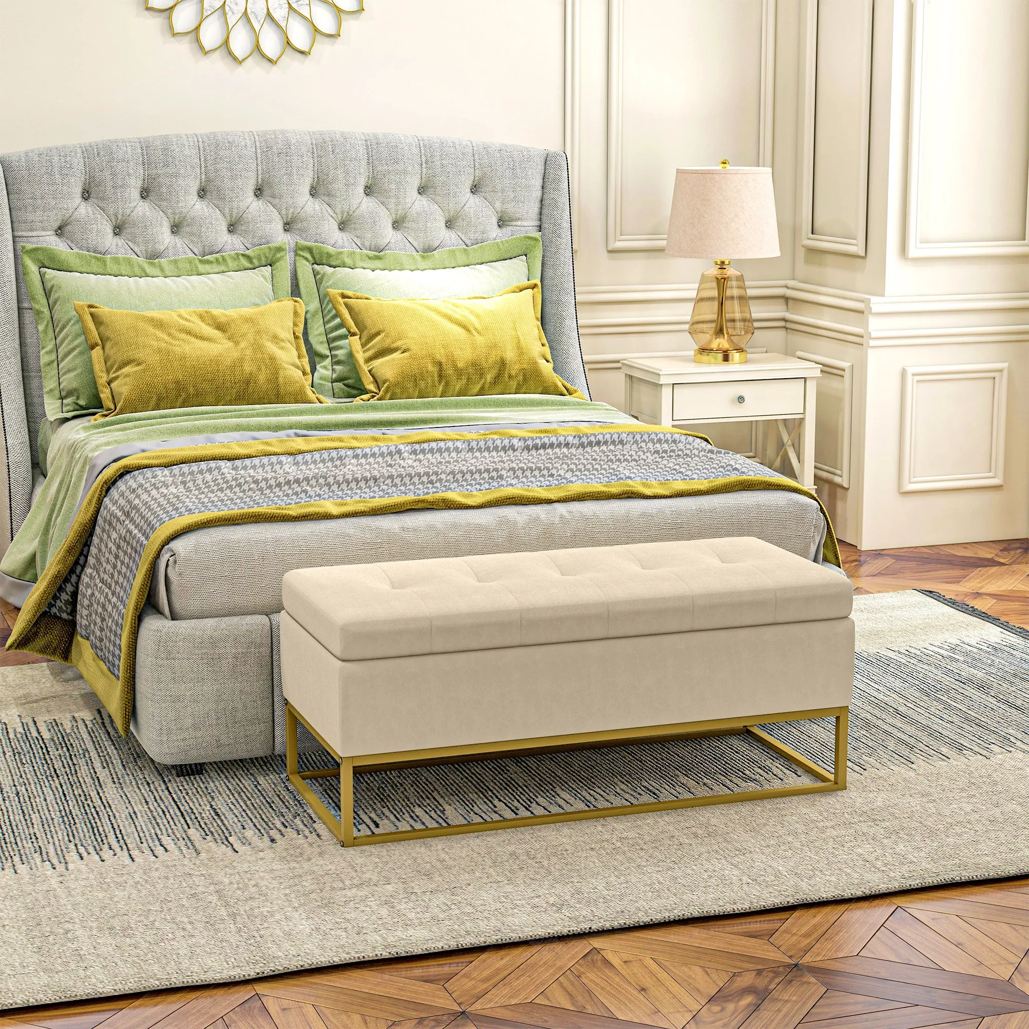 Rectangular Storage Bench with Padded Seat and Steel Legs, 110x44x49 cm, Beige - Image 2