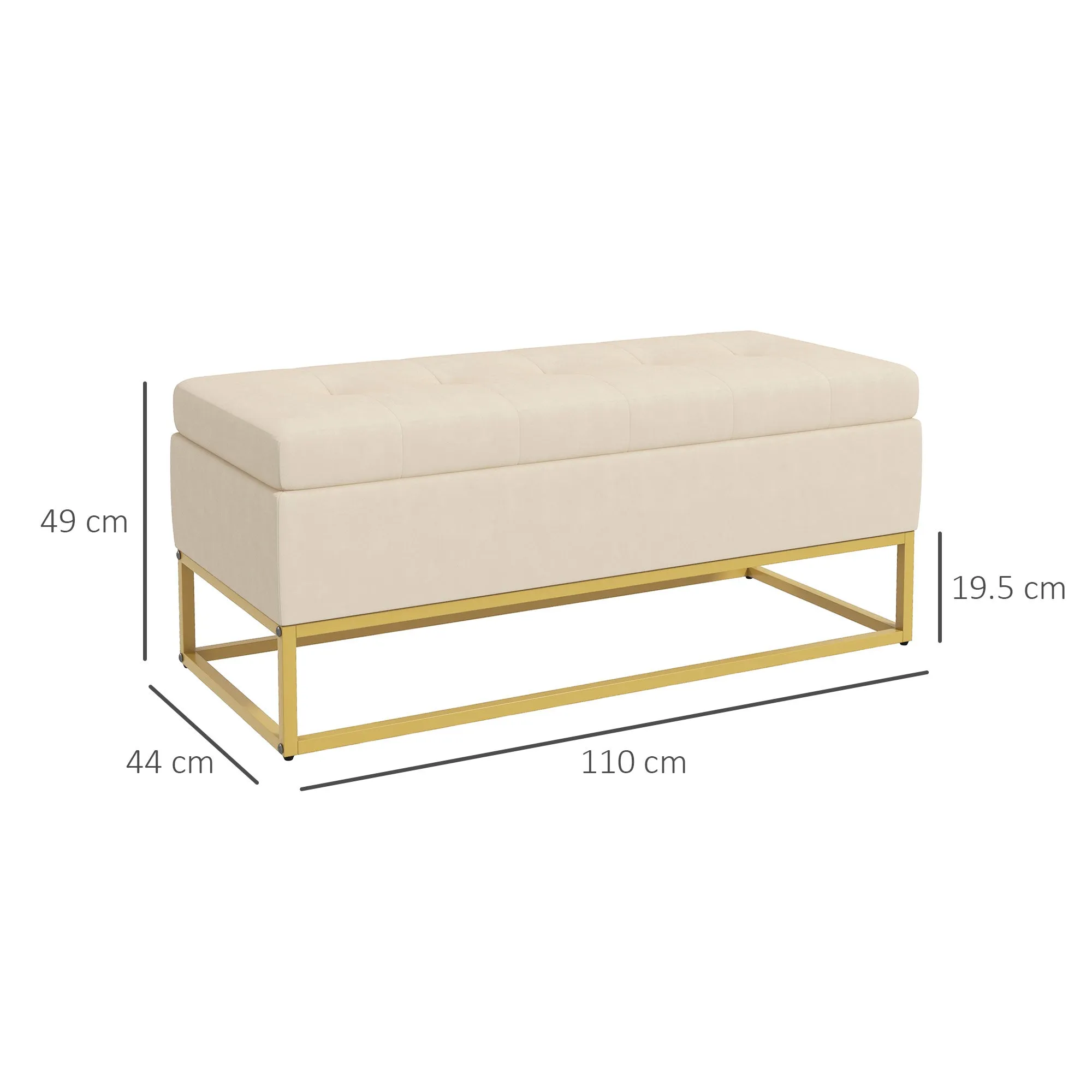 Rectangular Storage Bench with Padded Seat and Steel Legs, 110x44x49 cm, Beige - Image 3