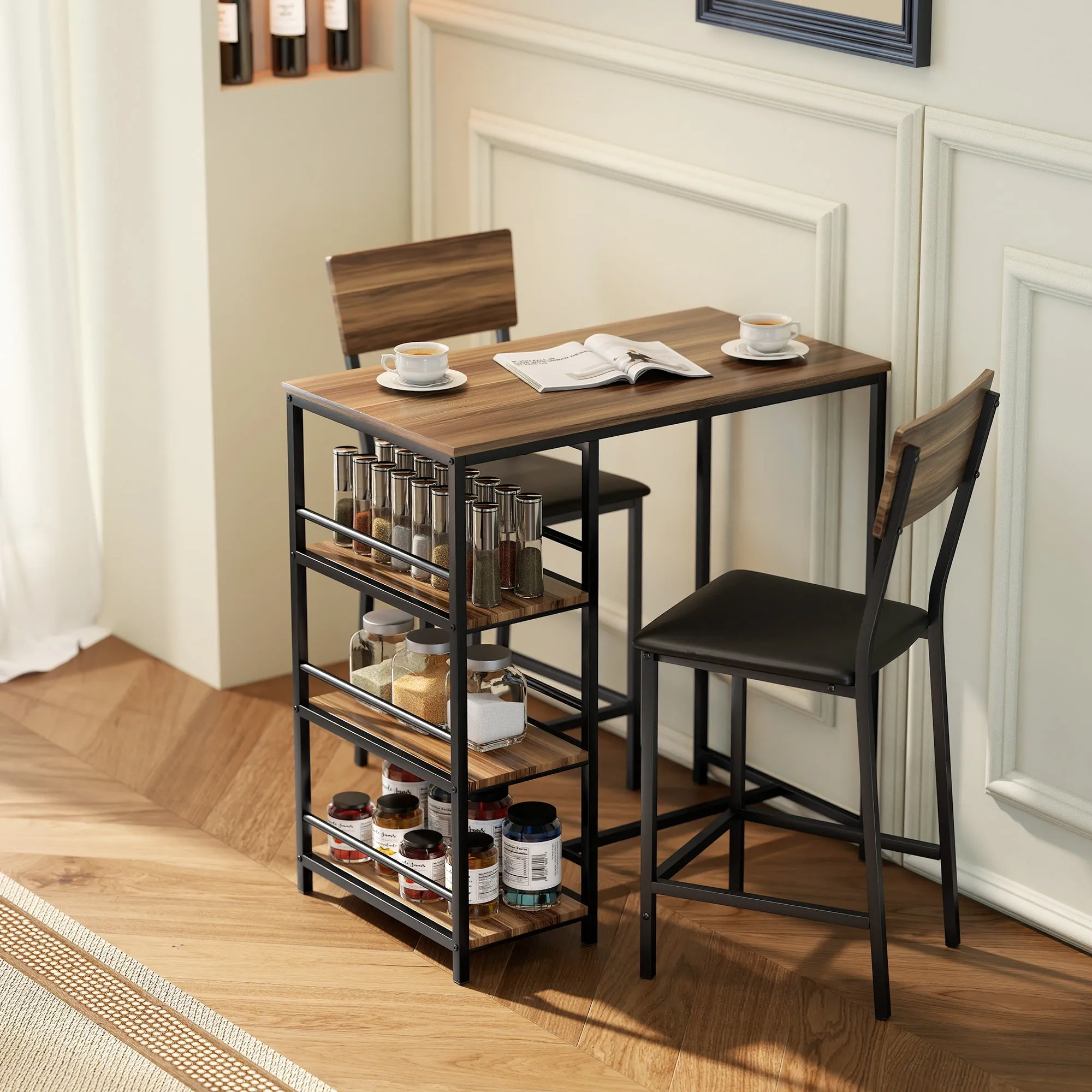 3-Tier Bar Table and 2 Stools with Footrest and Backrest, Wood and Steel, Black and Walnut - Image 2
