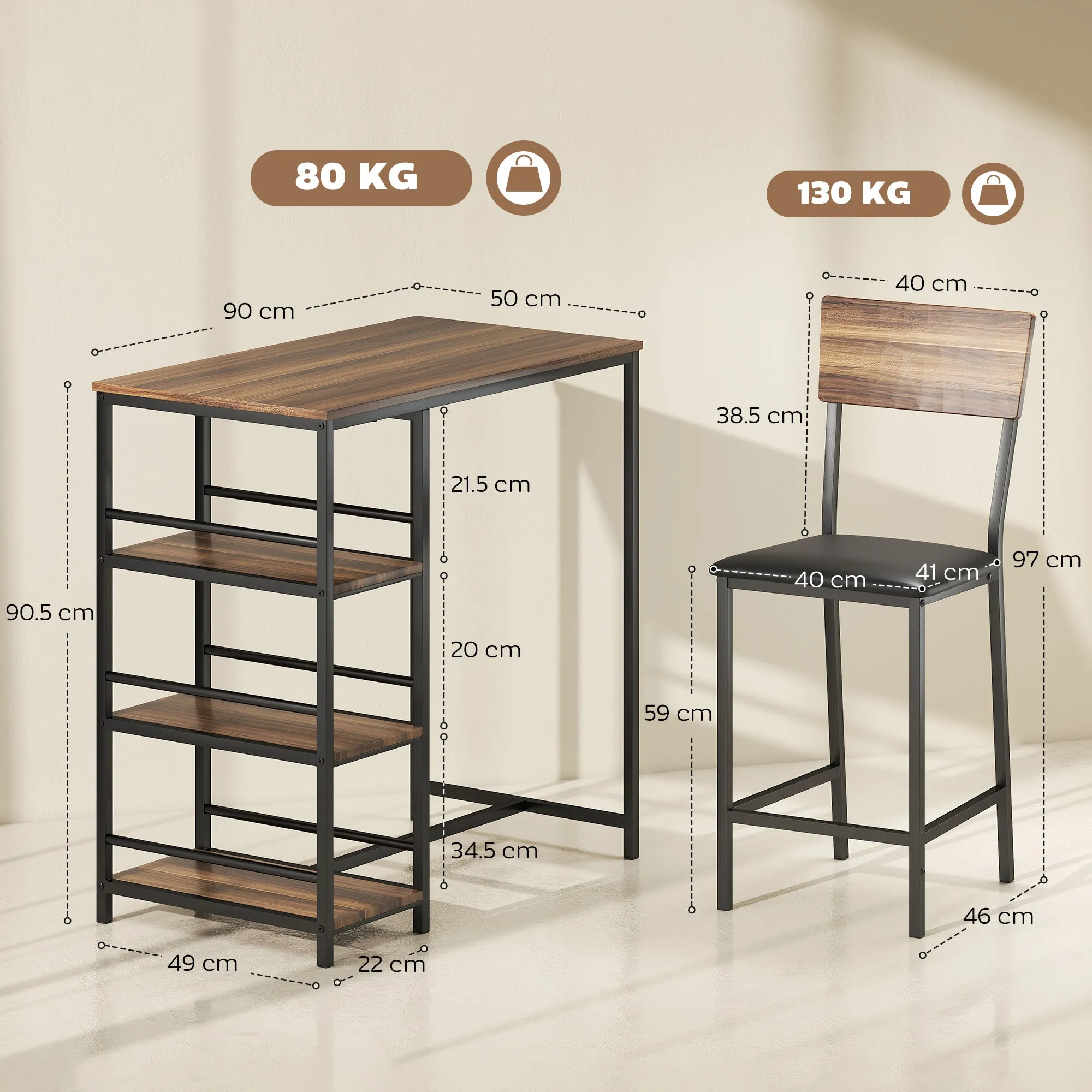 3-Tier Bar Table and 2 Stools with Footrest and Backrest, Wood and Steel, Black and Walnut - Image 3