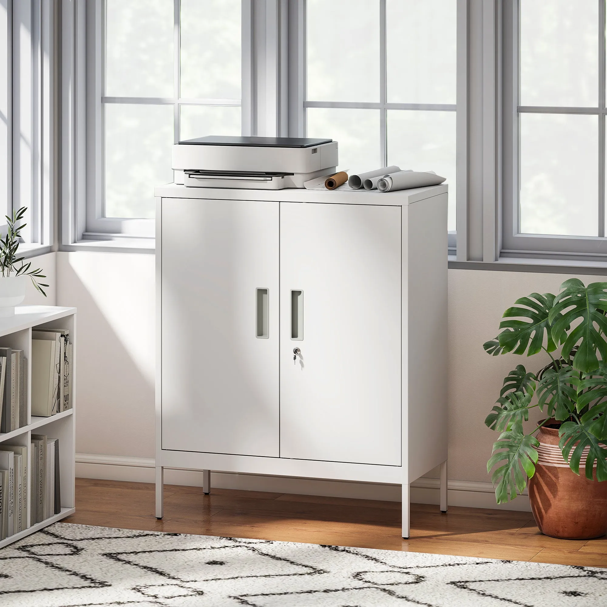 2-Tier Adjustable Steel Office Cabinet with Lock and 2 Keys, 80x40x100cm, White - Image 2