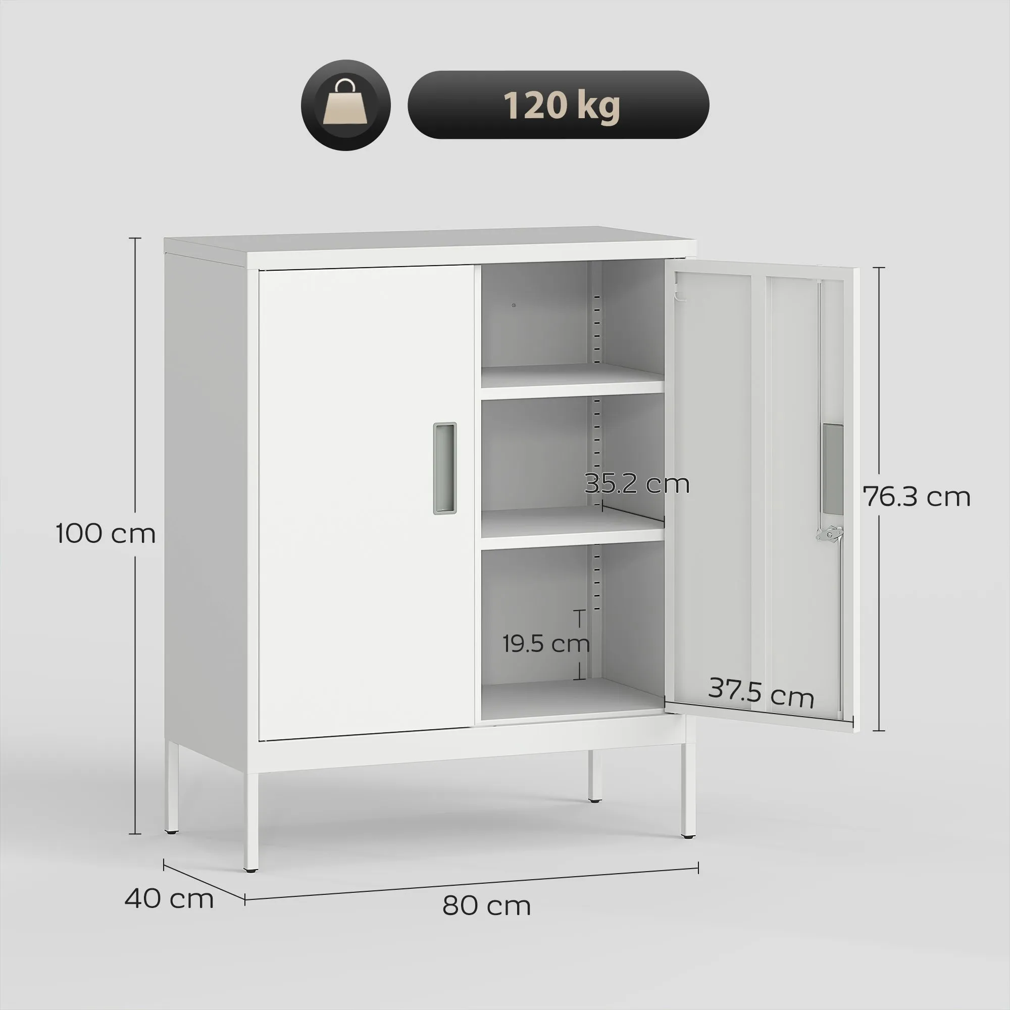 2-Tier Adjustable Steel Office Cabinet with Lock and 2 Keys, 80x40x100cm, White - Image 3