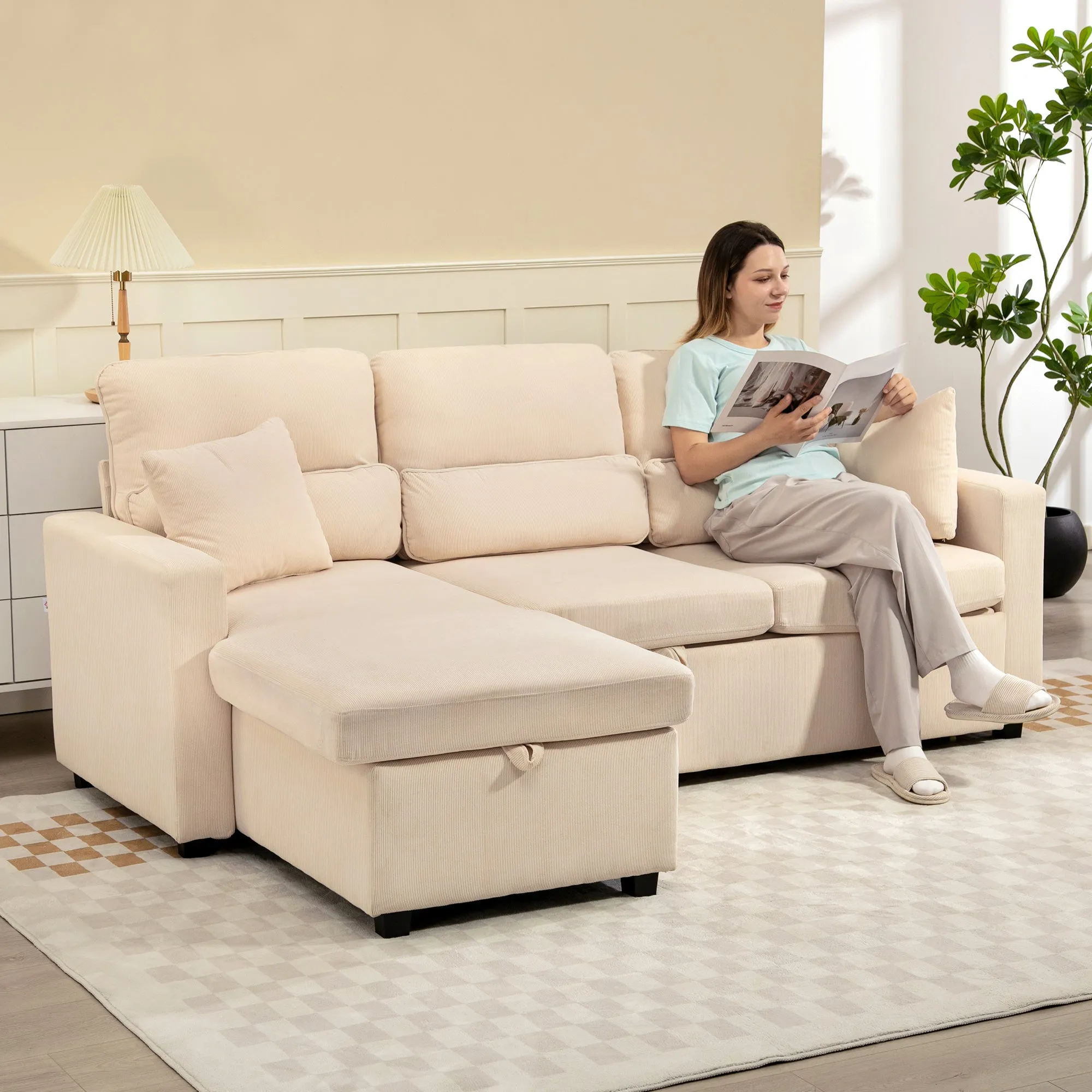 Corner Sofa Bed with Storage, Corduroy Upholstery and 2 Cushions, 205x135x76 cm, Beige - Image 2