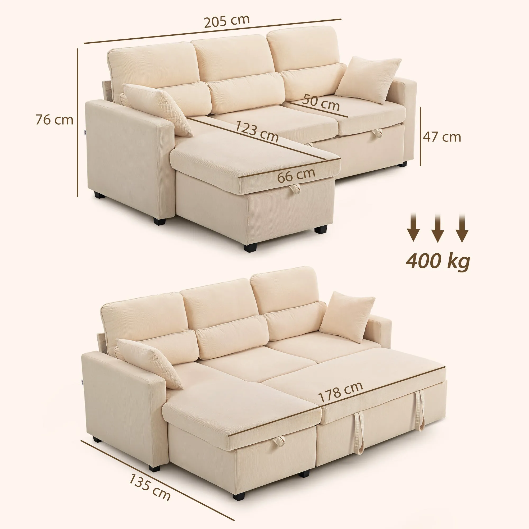 Corner Sofa Bed with Storage, Corduroy Upholstery and 2 Cushions, 205x135x76 cm, Beige - Image 3
