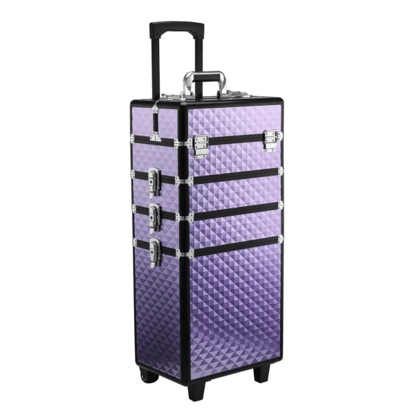 Professional Makeup Case, Aluminum Travel Makeup Trolley, 2 Wheels, Purple 33.5x23x76/95.5cm
